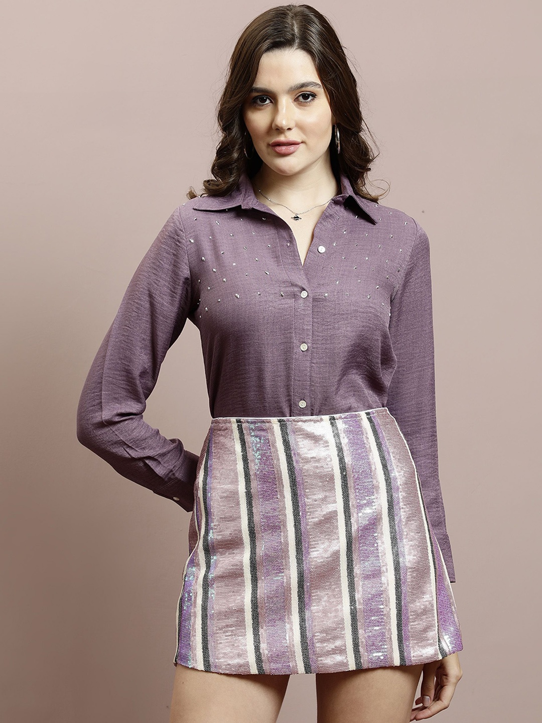 

Shally Bhasin by Athena Embellished Shirt Collar Long Sleeves Pure Cotton Shirt & Skirt, Purple