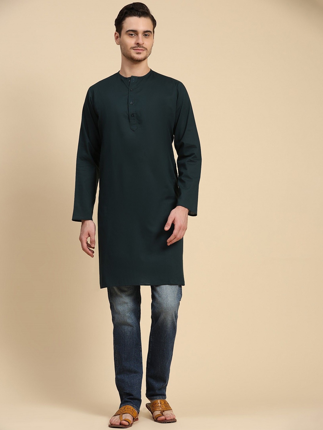 

SKAVIJ Round Neck Long Sleeves Cotton Straight Kurta, Green