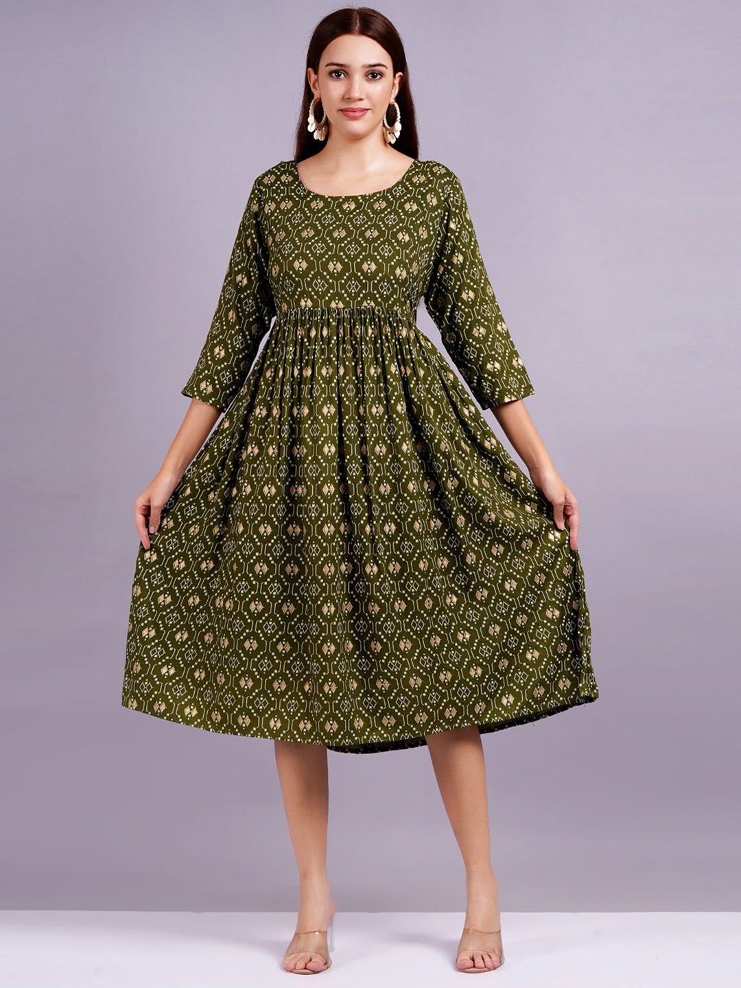 

JC4U Women Geometric Printed Fit & Flare Dress, Green