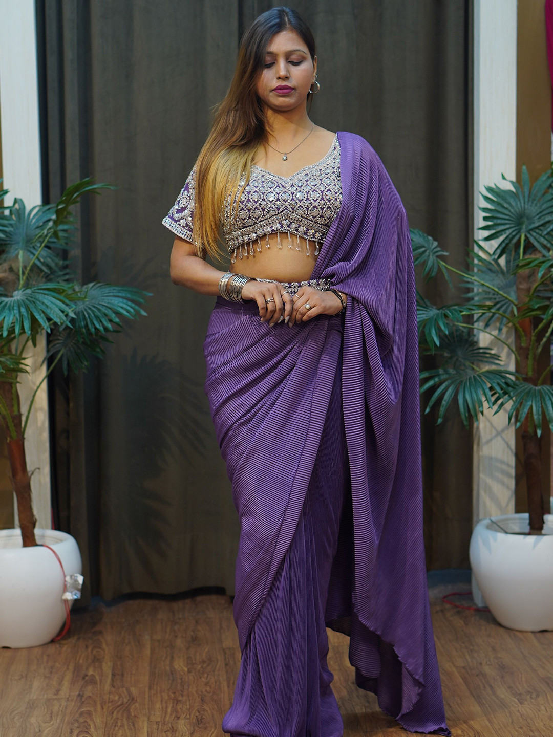 

Durga clothing Beads and Stones Striped Ready to Wear Saree With Readymade Blouse, Mauve