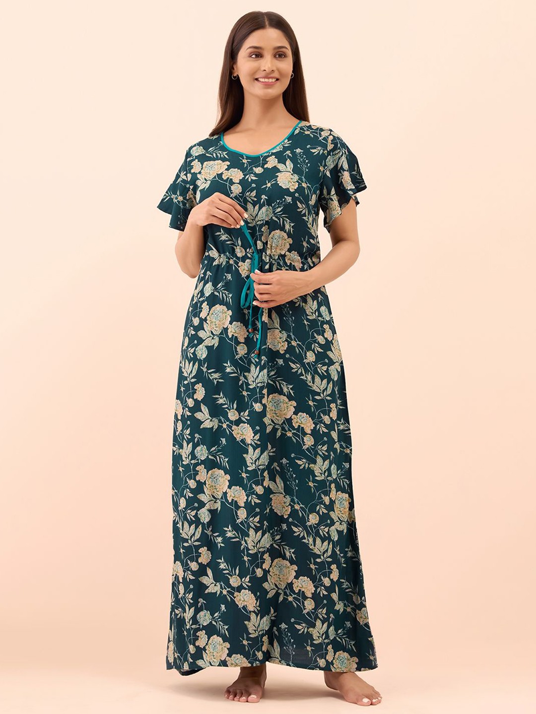 

Maybell Women Printed Cotton Short Sleeve Maxi Nightdress, Blue