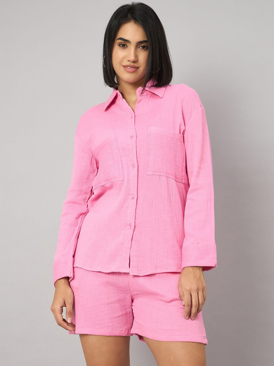 

Orchid Blues Self Design Pure Cotton Shirt With Shorts, Pink