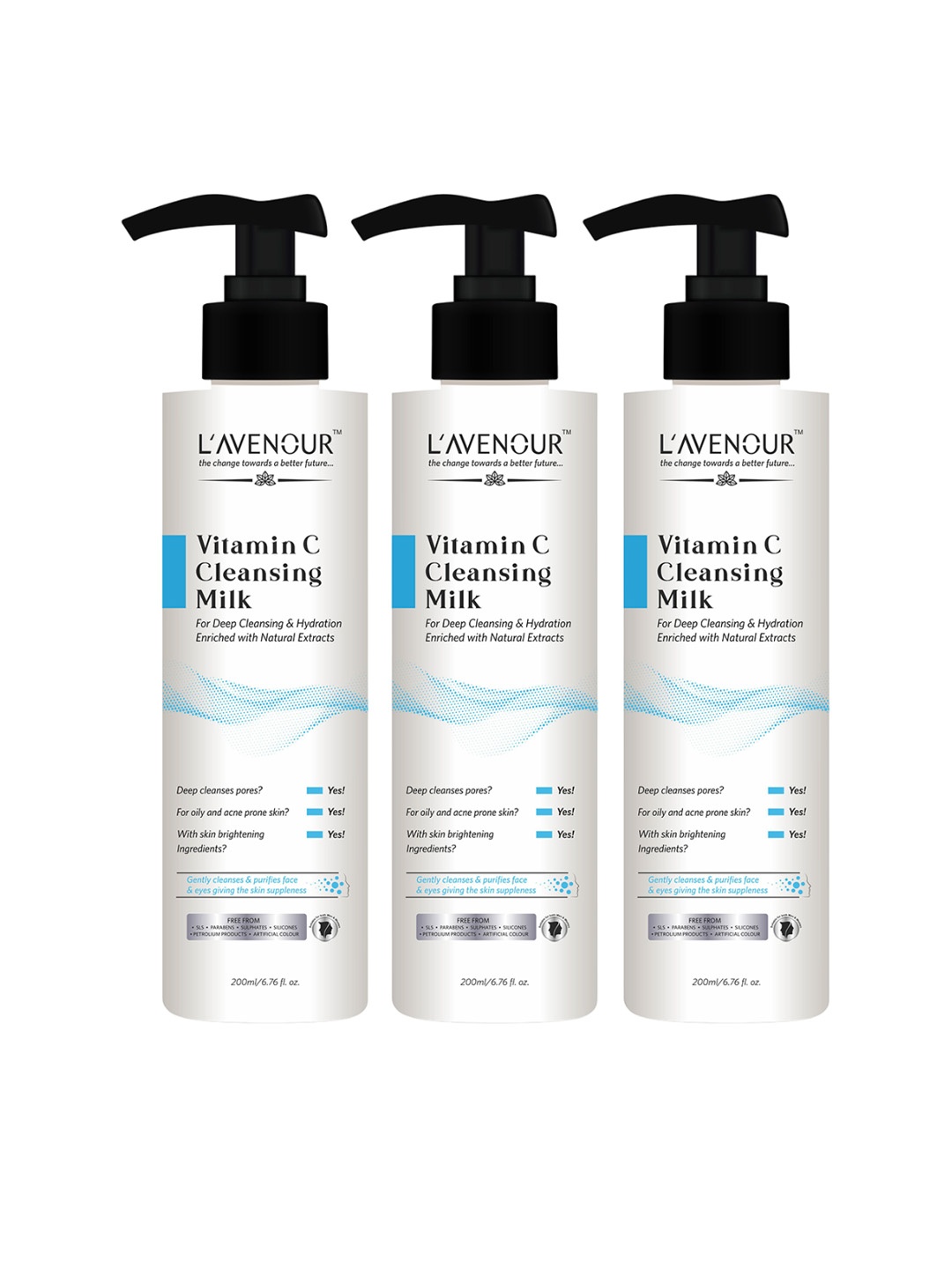 

L'AVENOUR Set Of 3 Vitamin C Cleansing Milk for Deep Cleansing & Hydration - 200 ml Each, White