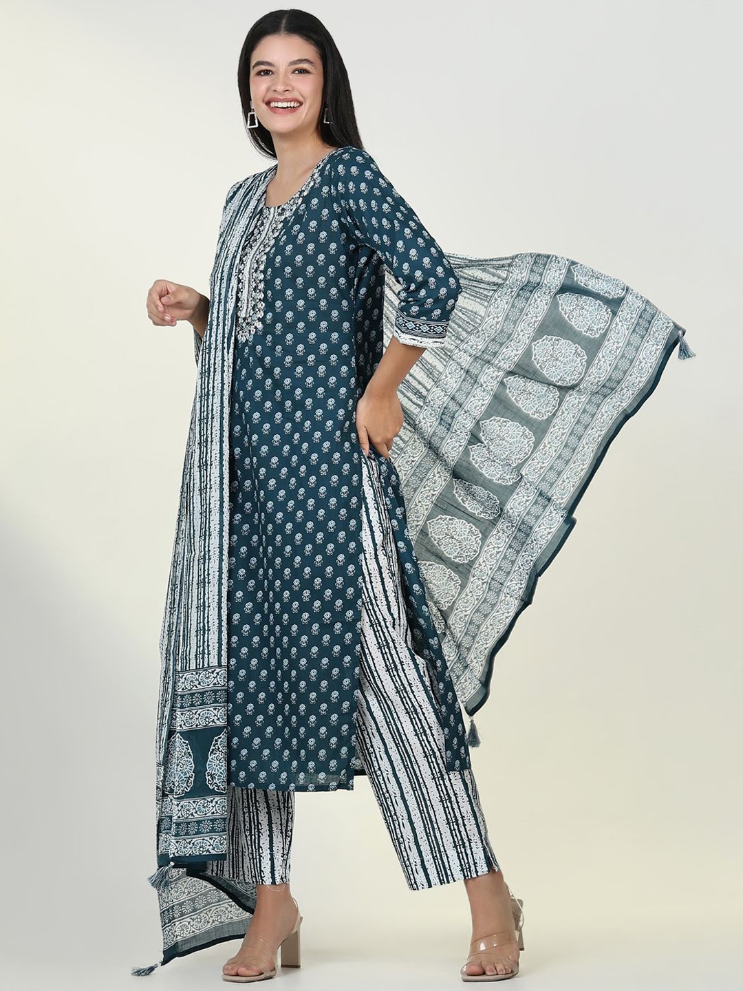 

SHOWOFF Floral Printed Round Neck Regular Mirror Work Kurta With Trouser With Dupatta, Teal