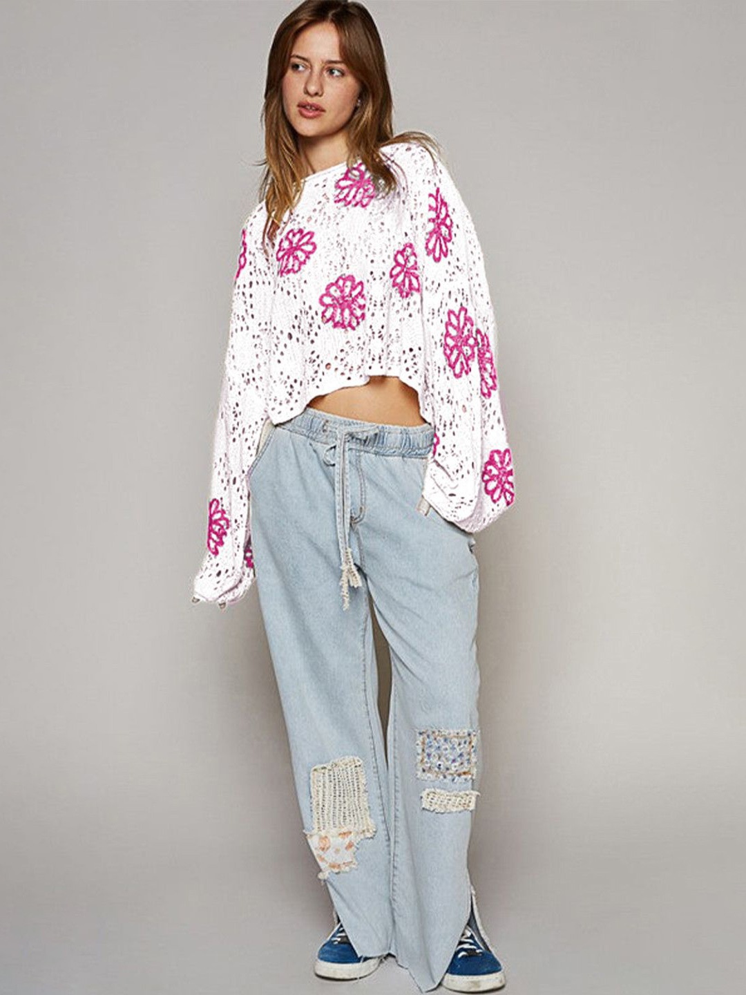 

StyleCast Women Floral Cable Knit Pullover Cropped Sweater, White