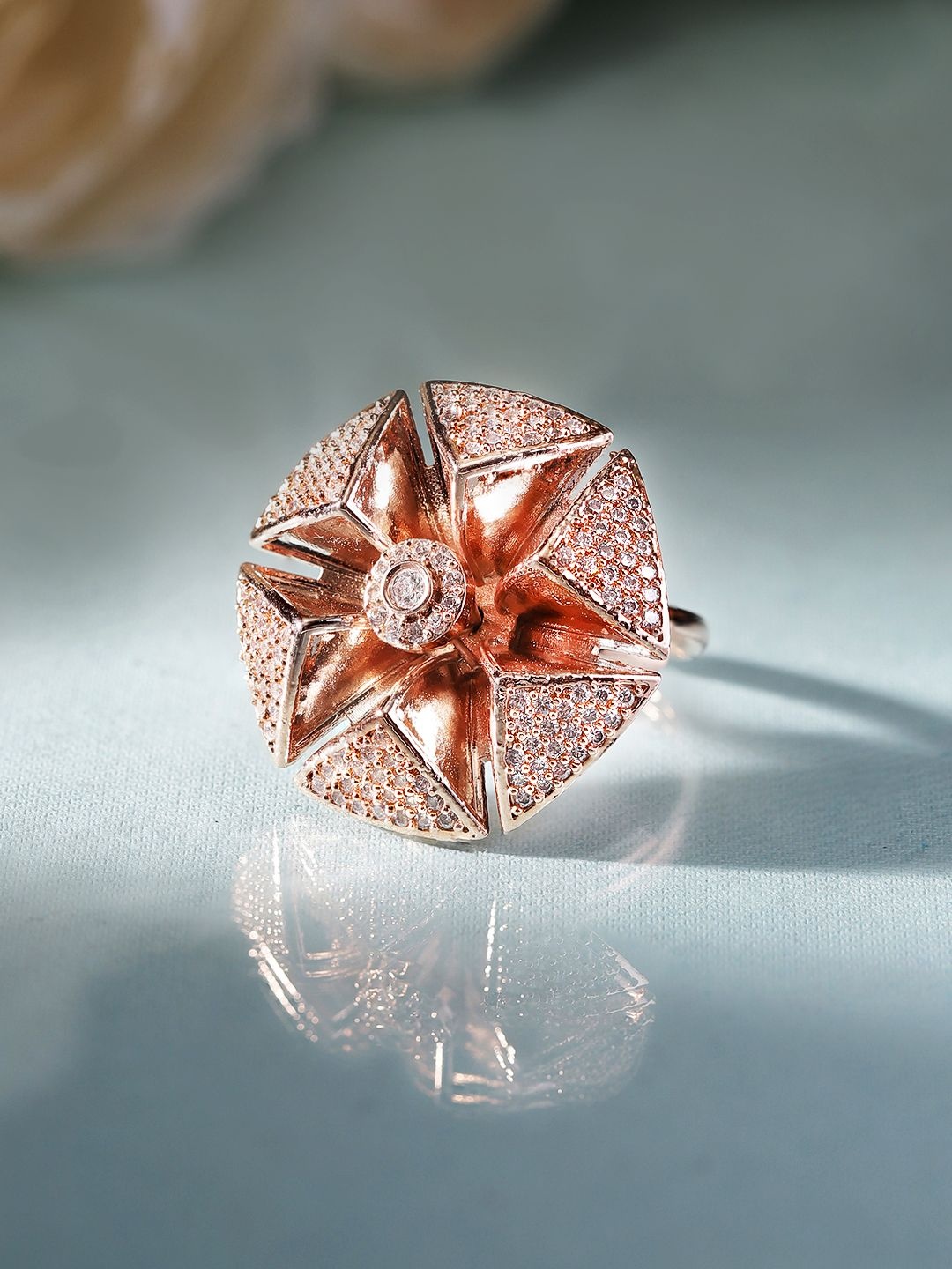 

Priyaasi Rose Gold-Plated Floral Shaped American Diamond Stone -Studded Finger Ring