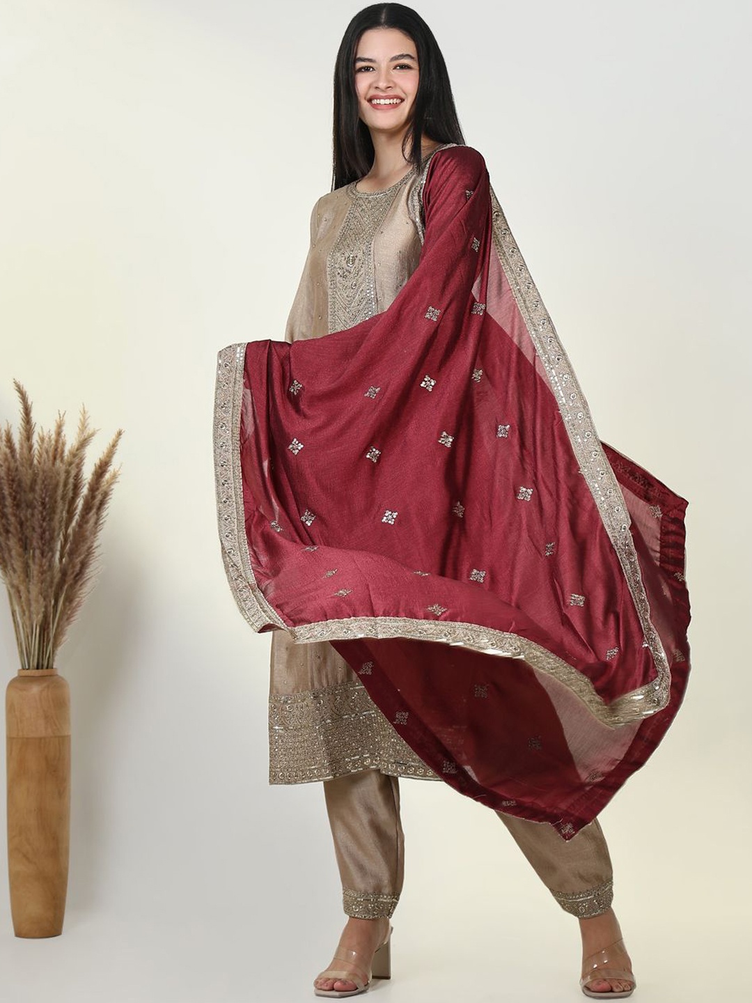 

SHOWOFF Floral Embroidered Round Neck Regular Sequinned Kurta With Trouser With Dupatta, Beige