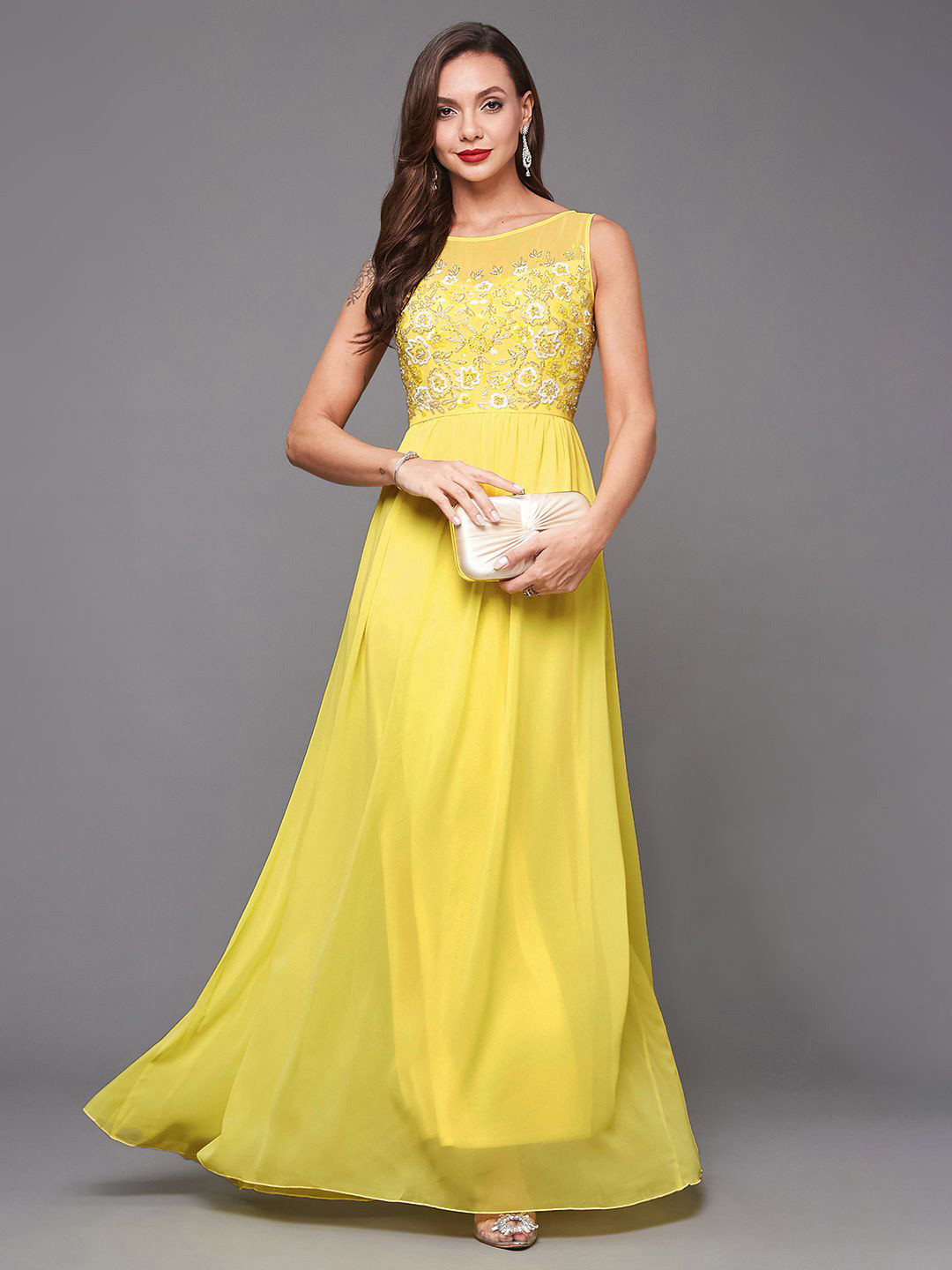 

Miss Chase Women Sequin Embroidered Maxi Dress, Yellow