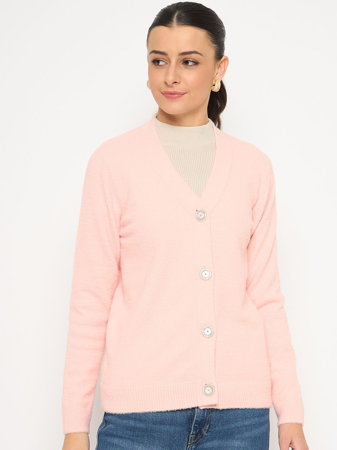 

Madame Women V-Neck Long Sleeves Cardigan, Peach