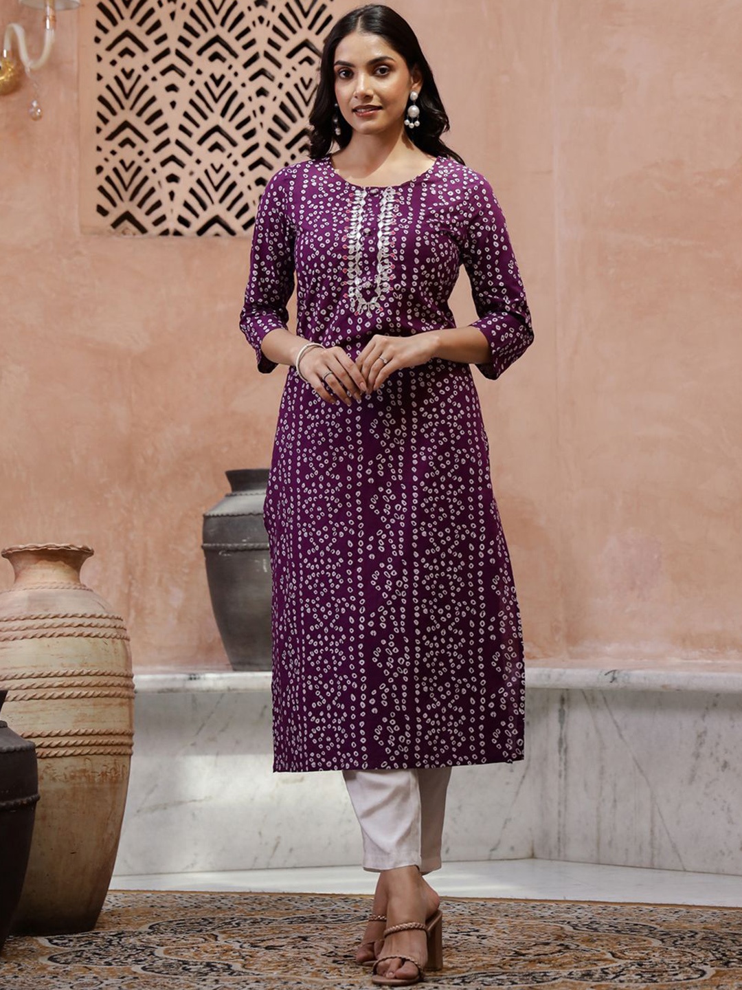 

Sangria Bandhani Printed Pure Cotton Straight Kurtas, Purple