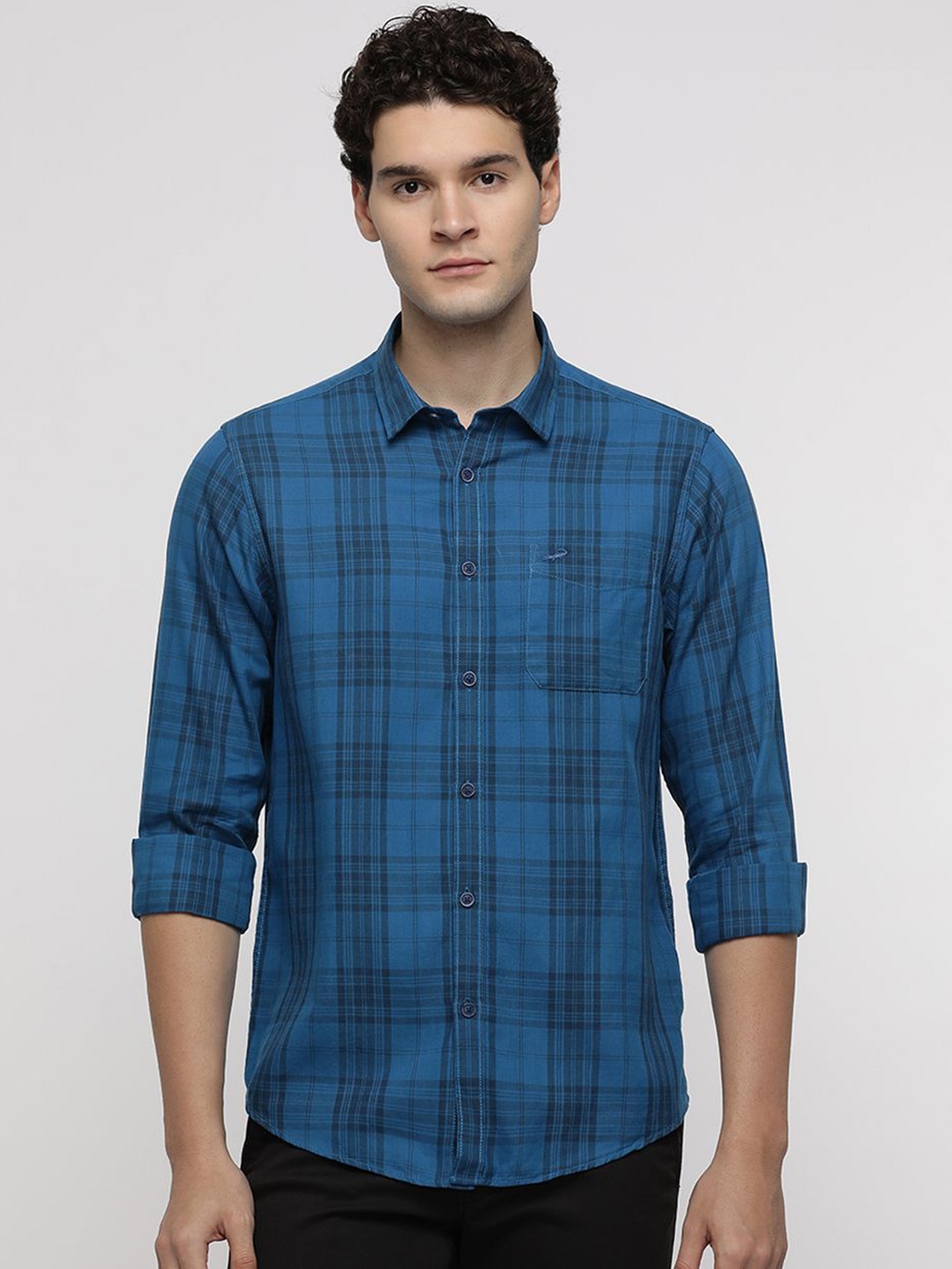 

Crocodile Men Comfort Spread Collar Tartan Checked Cotton Casual Shirt, Blue