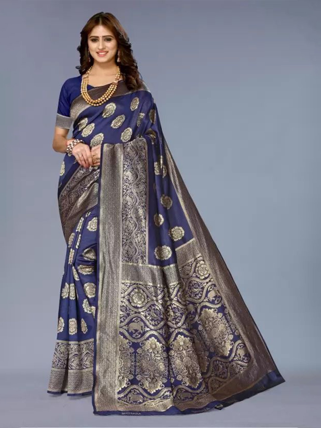 

KALINI Woven Design Zari Pure Silk Banarasi Saree, Navy blue