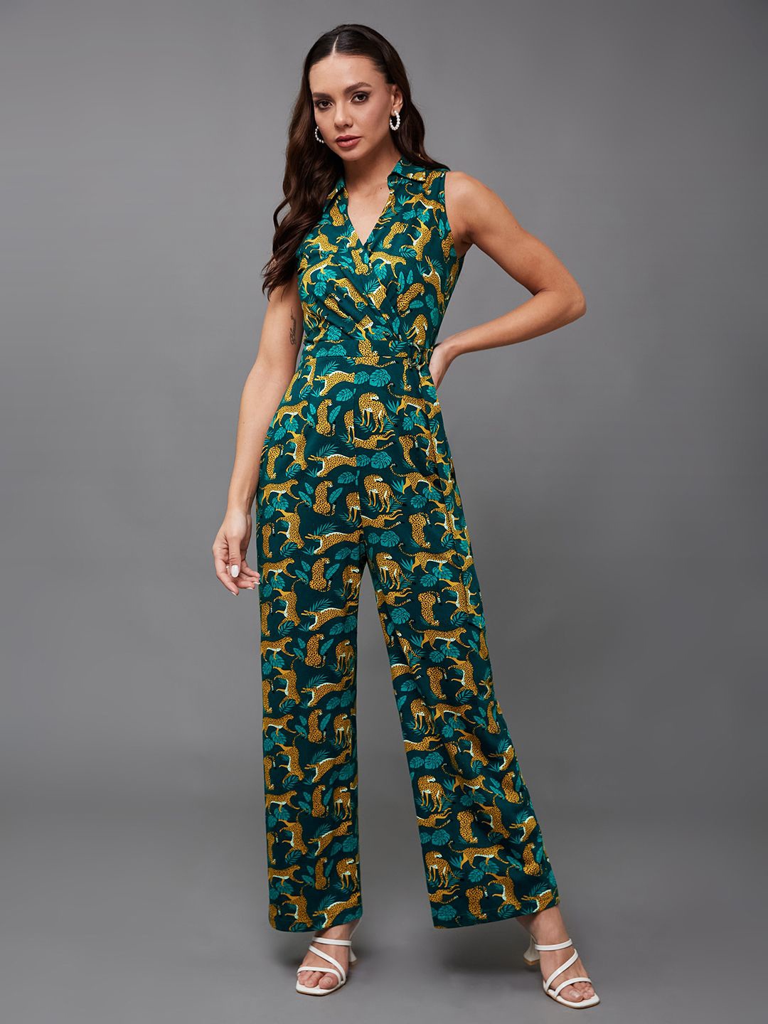 

Miss Chase Women Printed Basic Cotton Jumpsuit, Teal