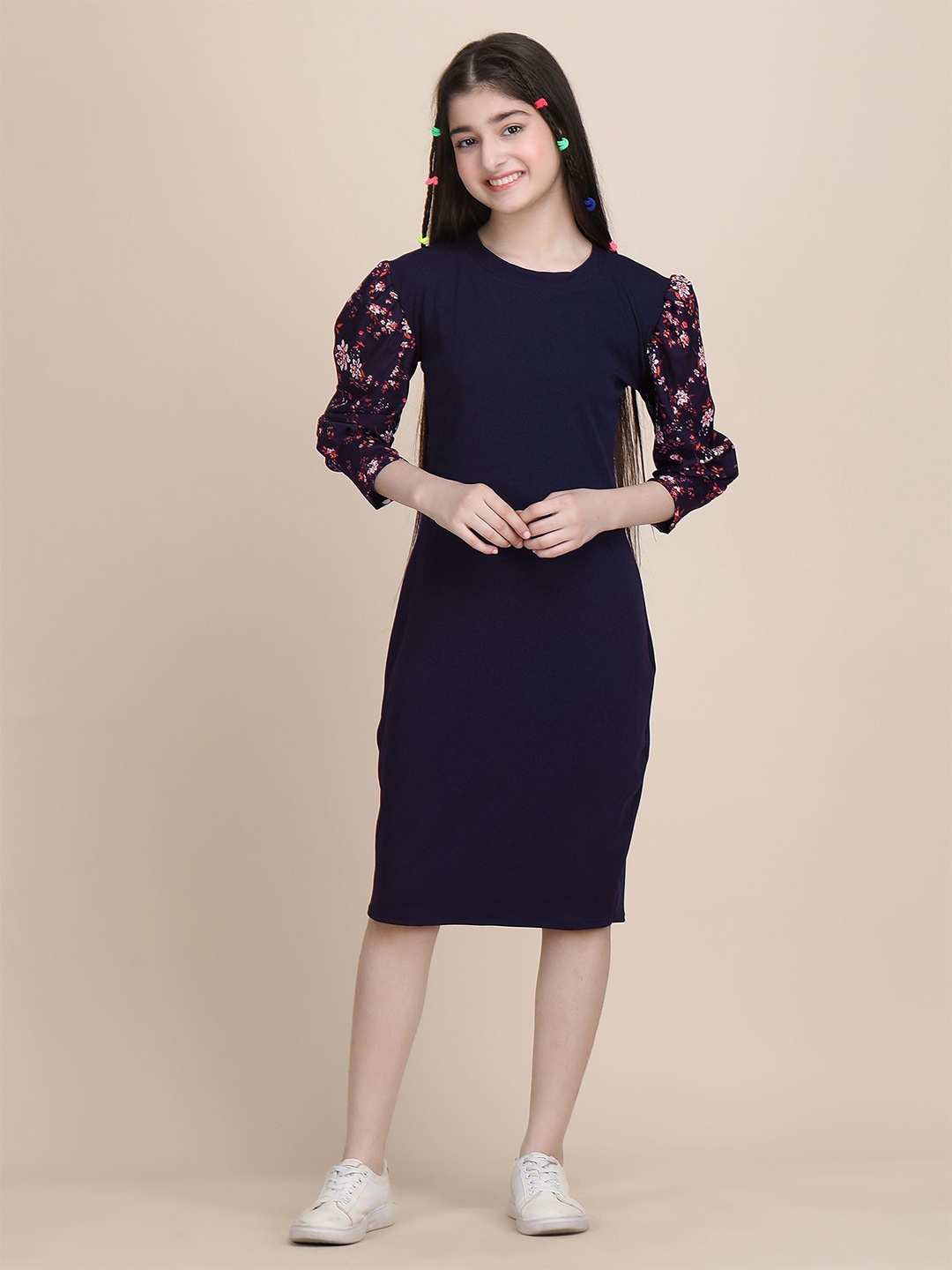 

DEKLOOK Girls Floral Printed Round Neck Puff Sleeve Sheath Dress, Blue