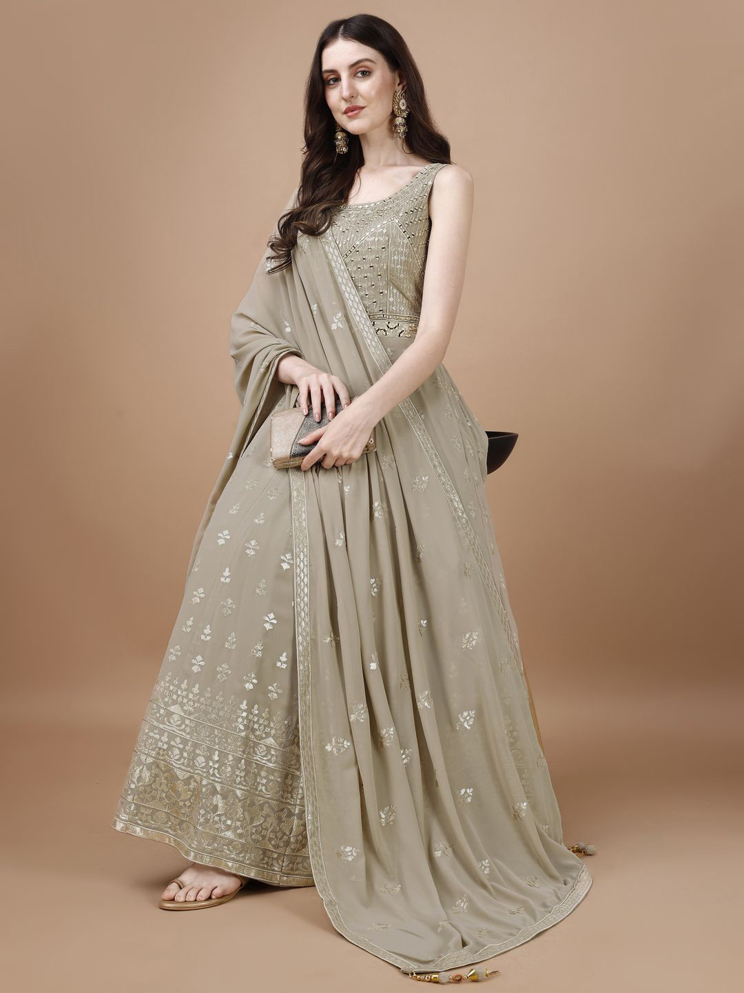 

VANAKARA Embroidered Fit and Flare Ethnic Dresses With Dupatta, Khaki