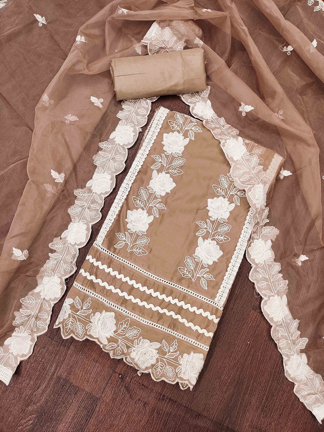 

KIMISHA Embroidered Thread Work Organza Unstitched Dress Material, Brown