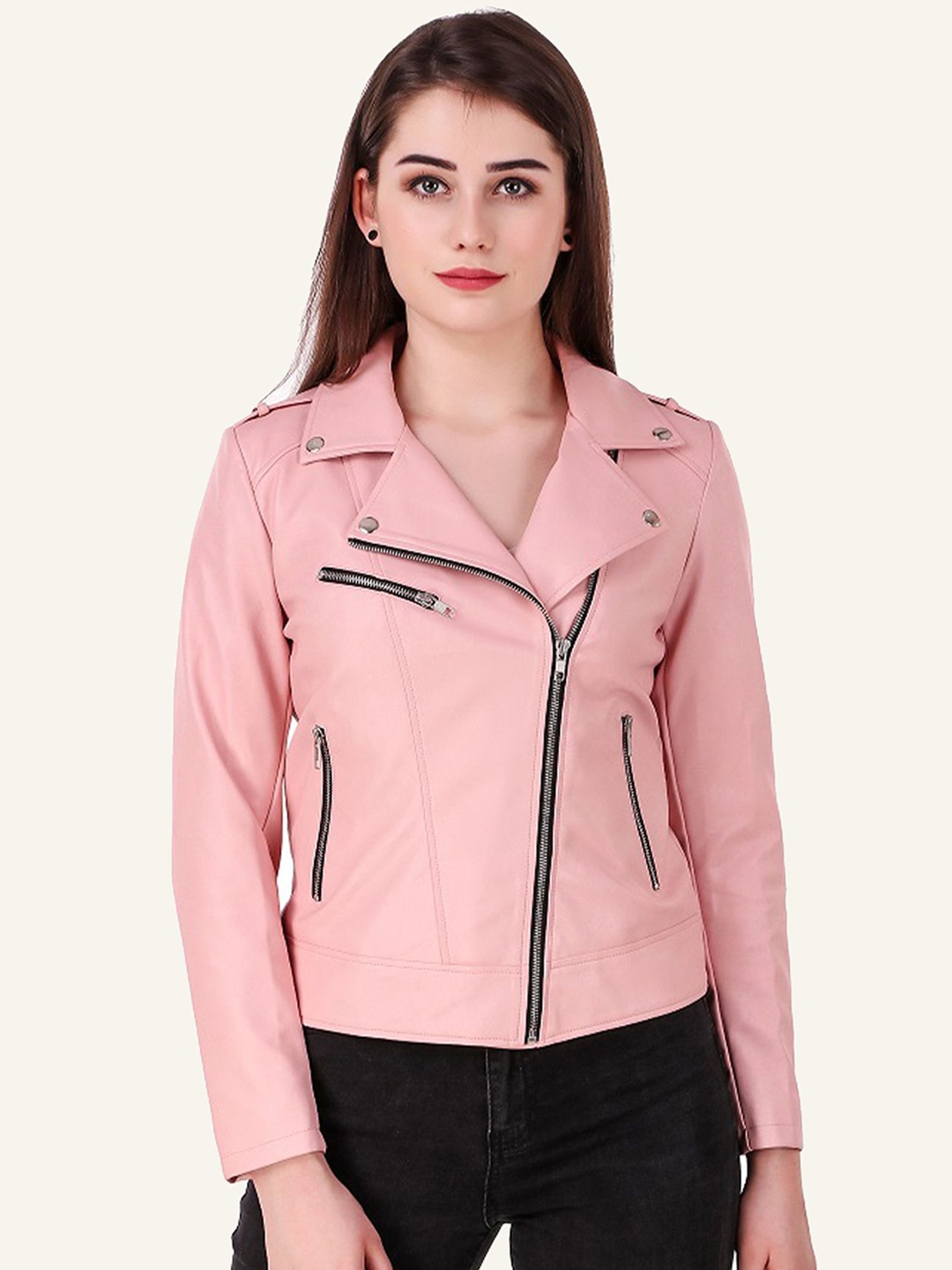 

Leather Retail Women Solid Regular Fit Biker Jacket, Pink