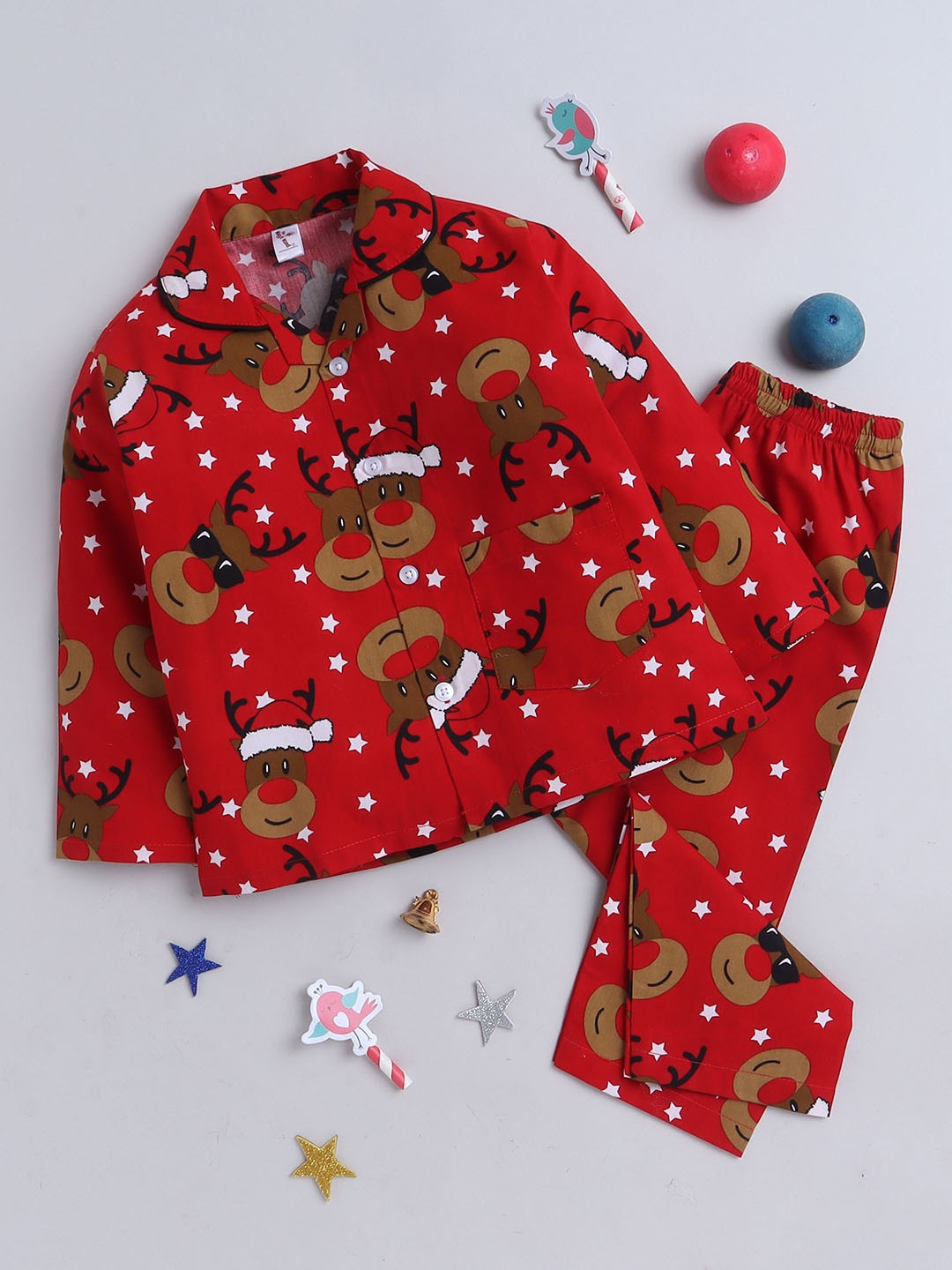 

The Magic Wand Boys Conversational Printed Pure CottonLong Sleeves Night suit, Red