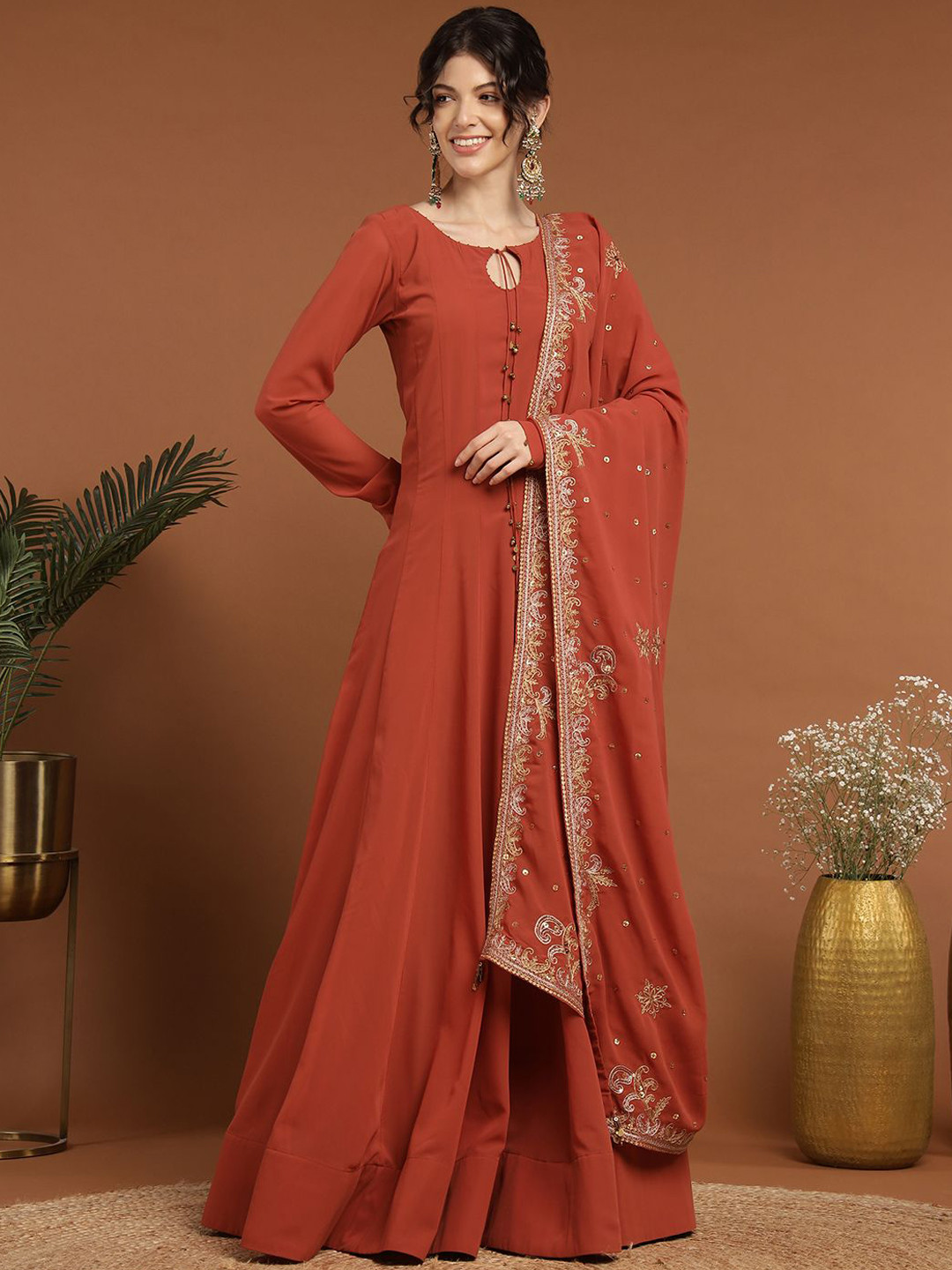 

RIRASA Embroidered Tie-Up Neck Ethnic Dress With Dupatta, Orange