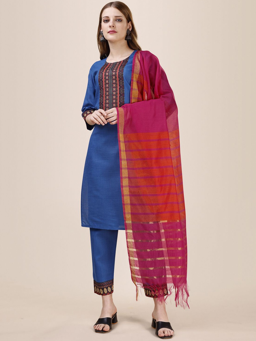 

Sidhidata Geometric Yoke Design Straight Kurta With Trouser & Dupatta, Navy blue