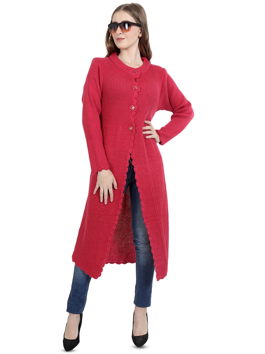 

HAUTEMODA Women Woollen Longline Cardigan, Red