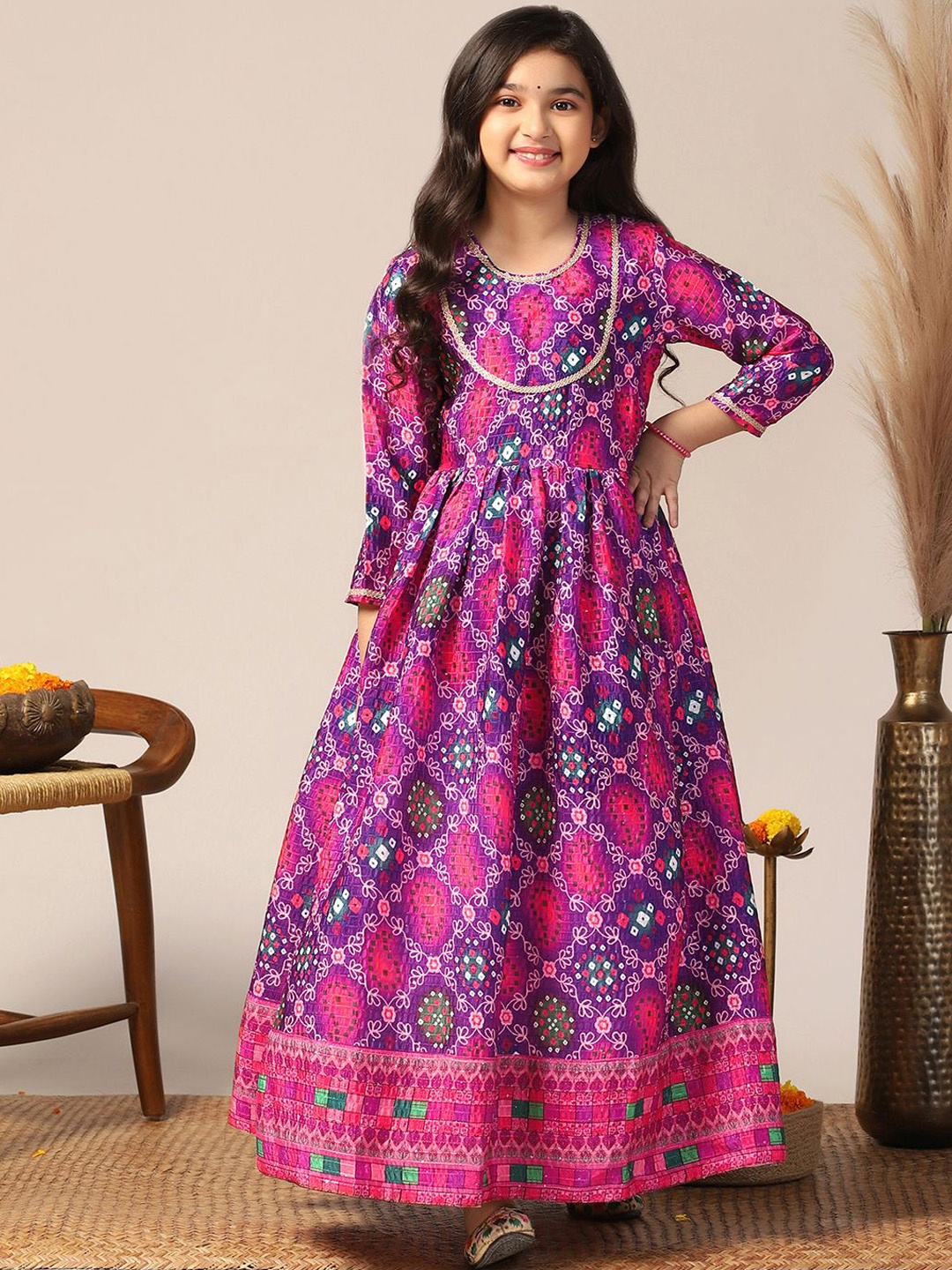 

FASHION DREAM Girls Printed Silk Fit And Flared Maxi Ethnic Dress, Purple