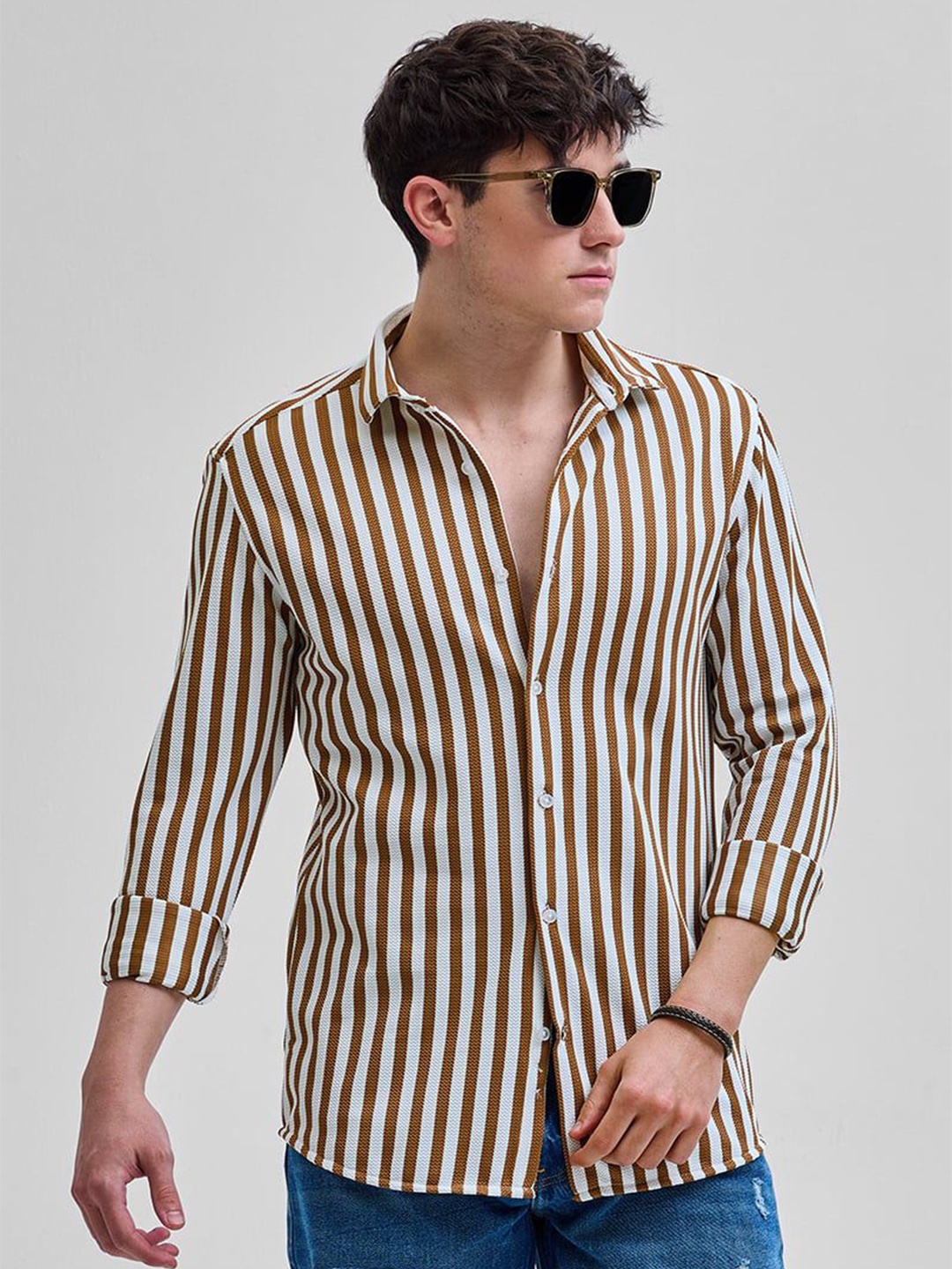 

Snitch Men Smart Slim Fit Opaque Striped Casual Shirt, Brown