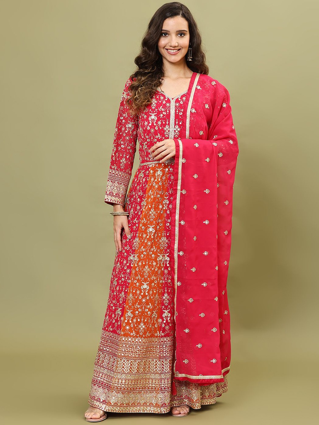 

Meena Bazaar Floral Embroidered Thread Work Anarkali Kurta with Trouser & Dupatta, Pink