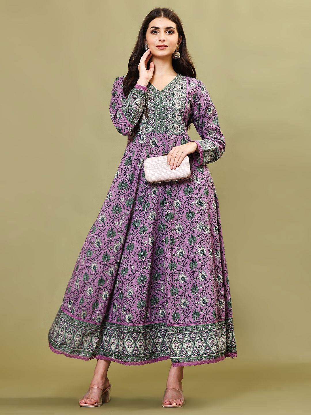 

Meena Bazaar Women Ethnic Motifs Printed Cotton Fit & Flare Maxi Dress, Purple