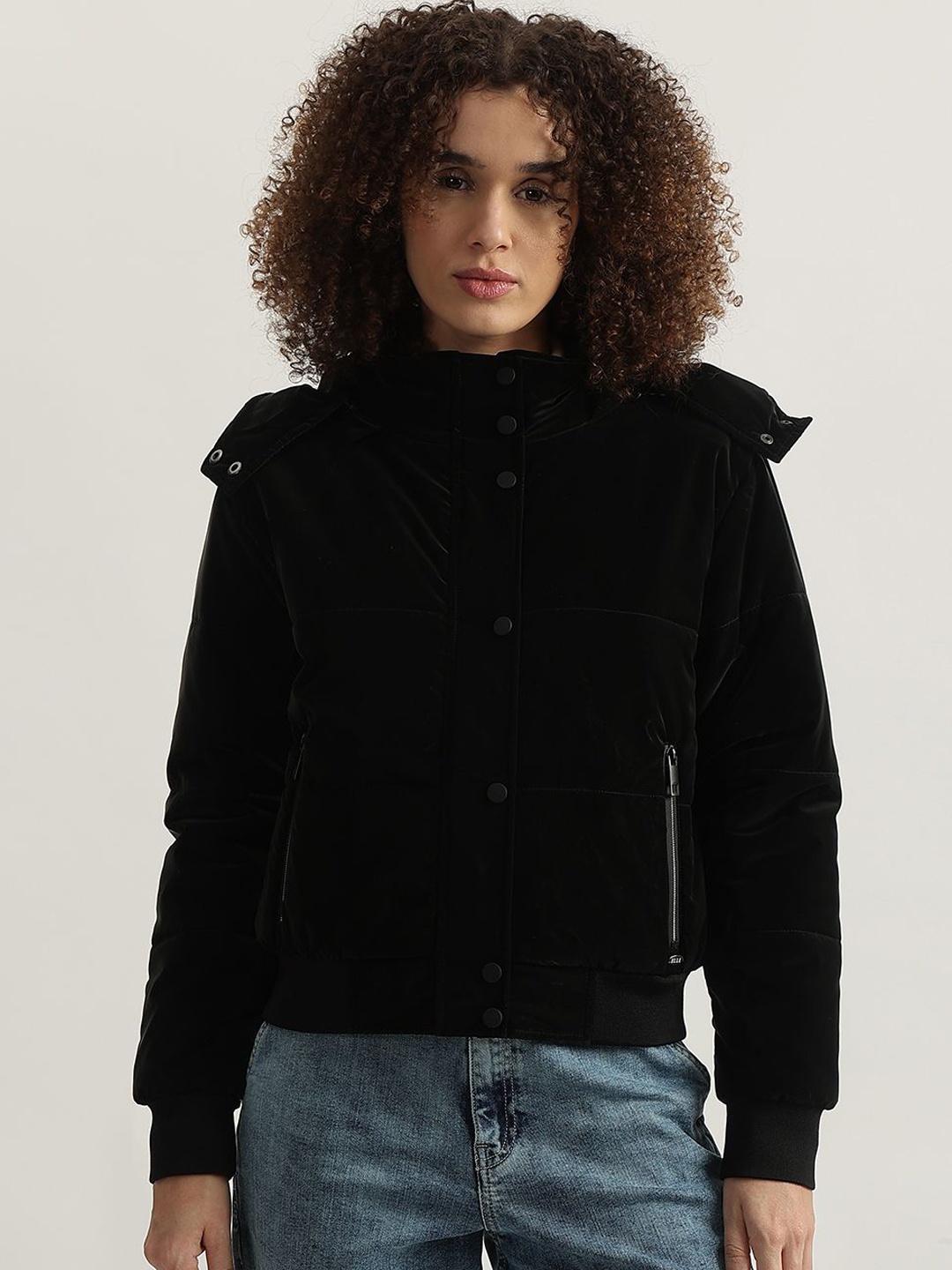 

ELLE Women Bomber Jacket with Detachable Hood, Black