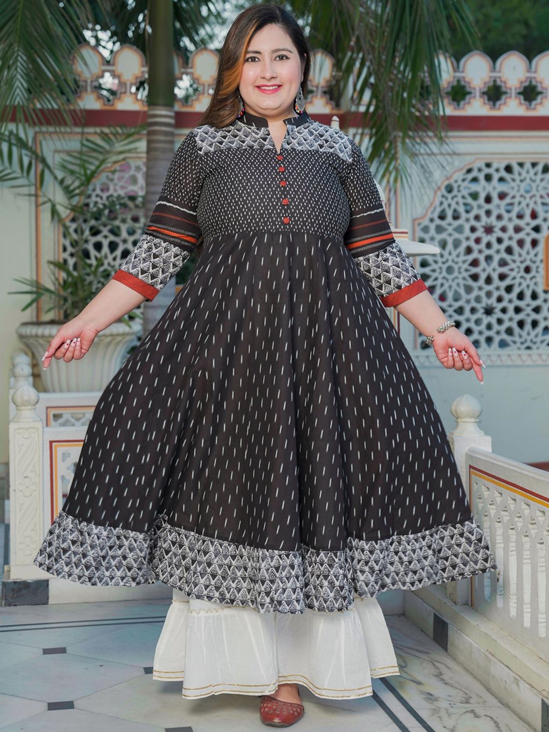 

IKRASS Plus Size Geometric Printed Mandarin Collar Cotton Anarkali Kurta, Black