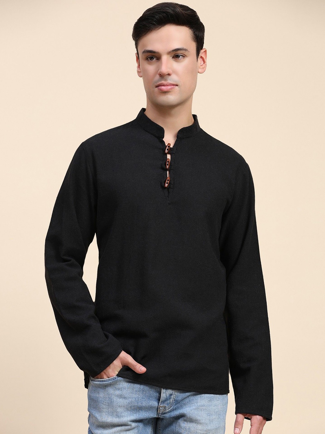 

SKAVIJ Mandarin Collar Straight Cotton Short Kurta, Black