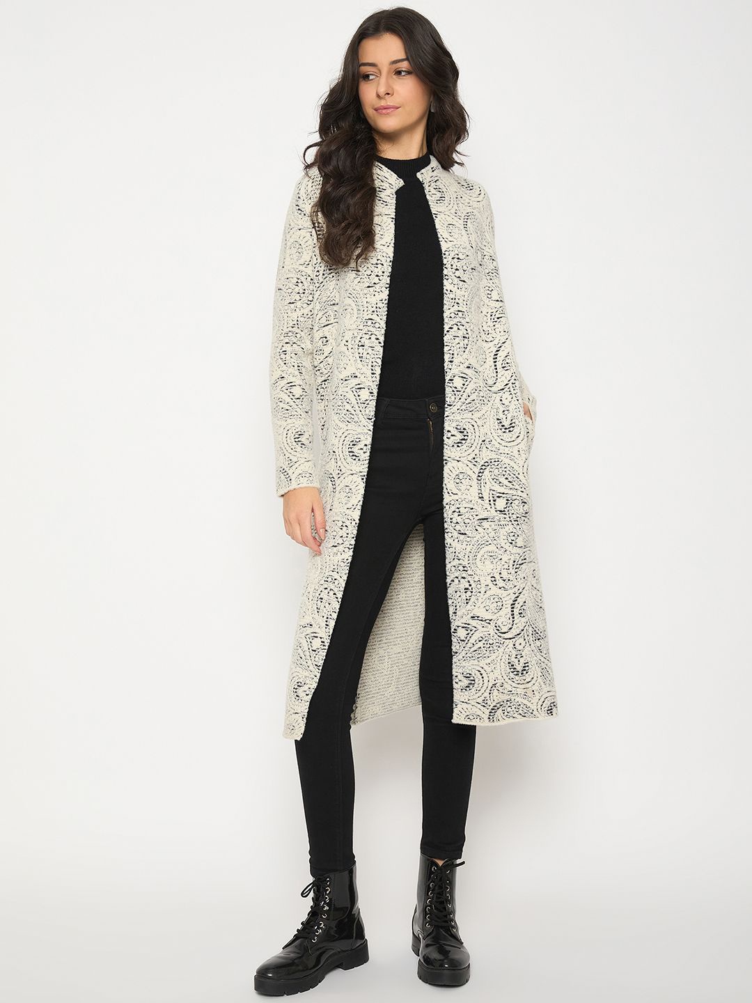 

Madame Self Design Front Open Longline Shrug, Off white