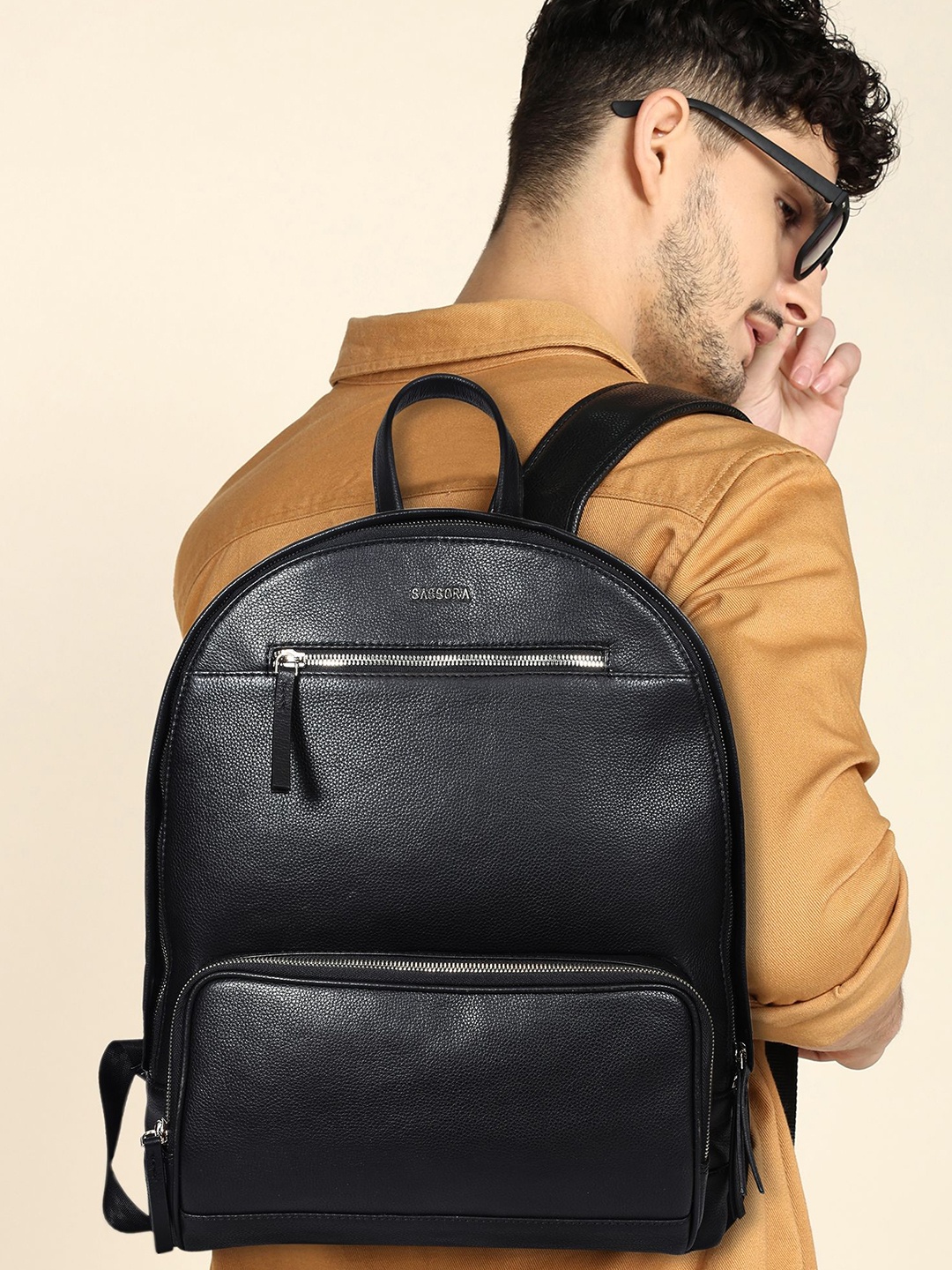 

Sassora Men Compression Straps Leather Laptop Backpack, Black