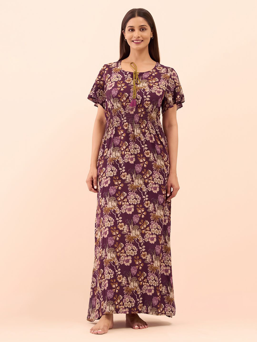 

Maybell Women Printed Short Sleeve Maxi Nightdress, Maroon