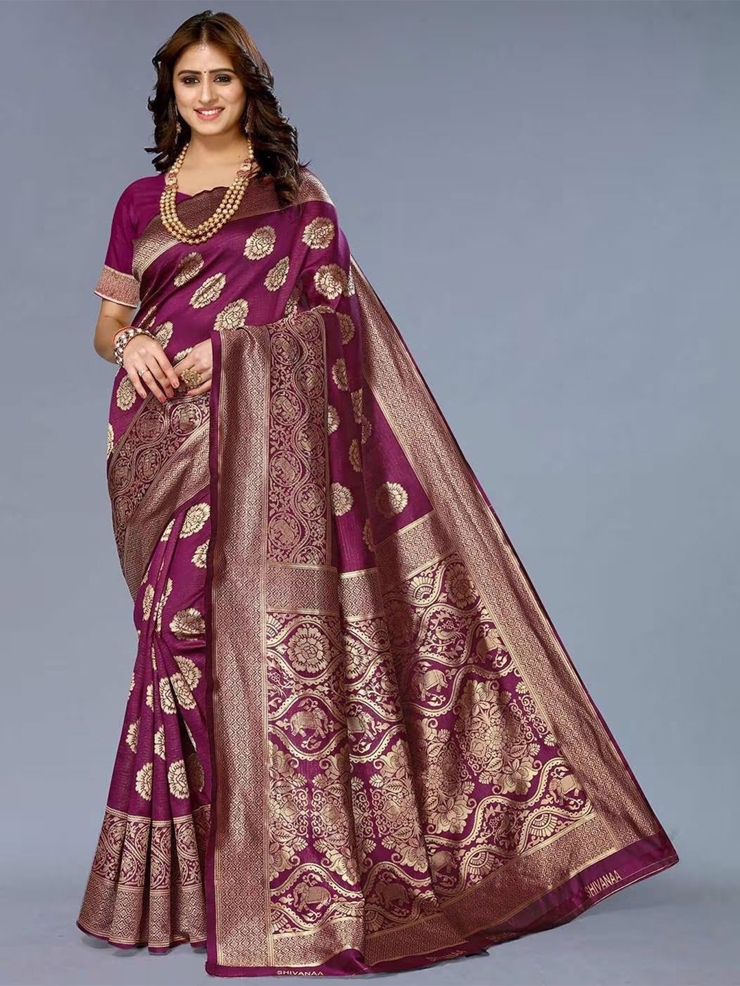 

KALINI Woven Design Zari Pure Silk Banarasi Saree, Purple