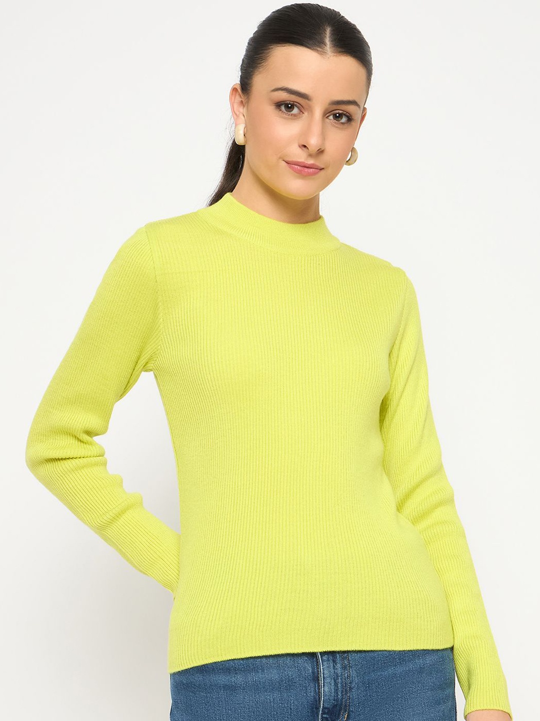 

Madame Women Round Neck Long Sleeves Pullover Sweaters, Lime green