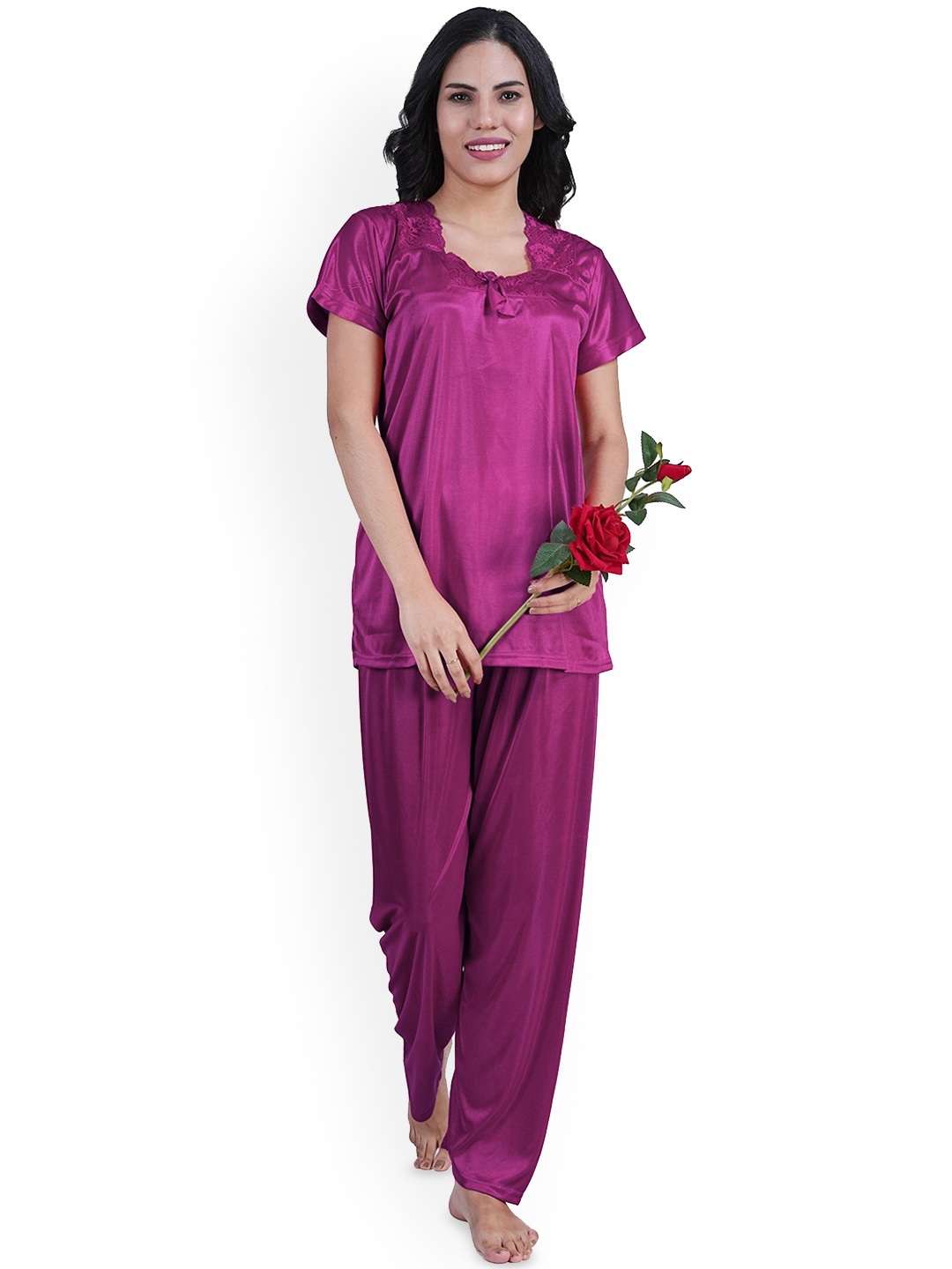 

Noty Women Square Neck Short Sleeves Night suit, Purple