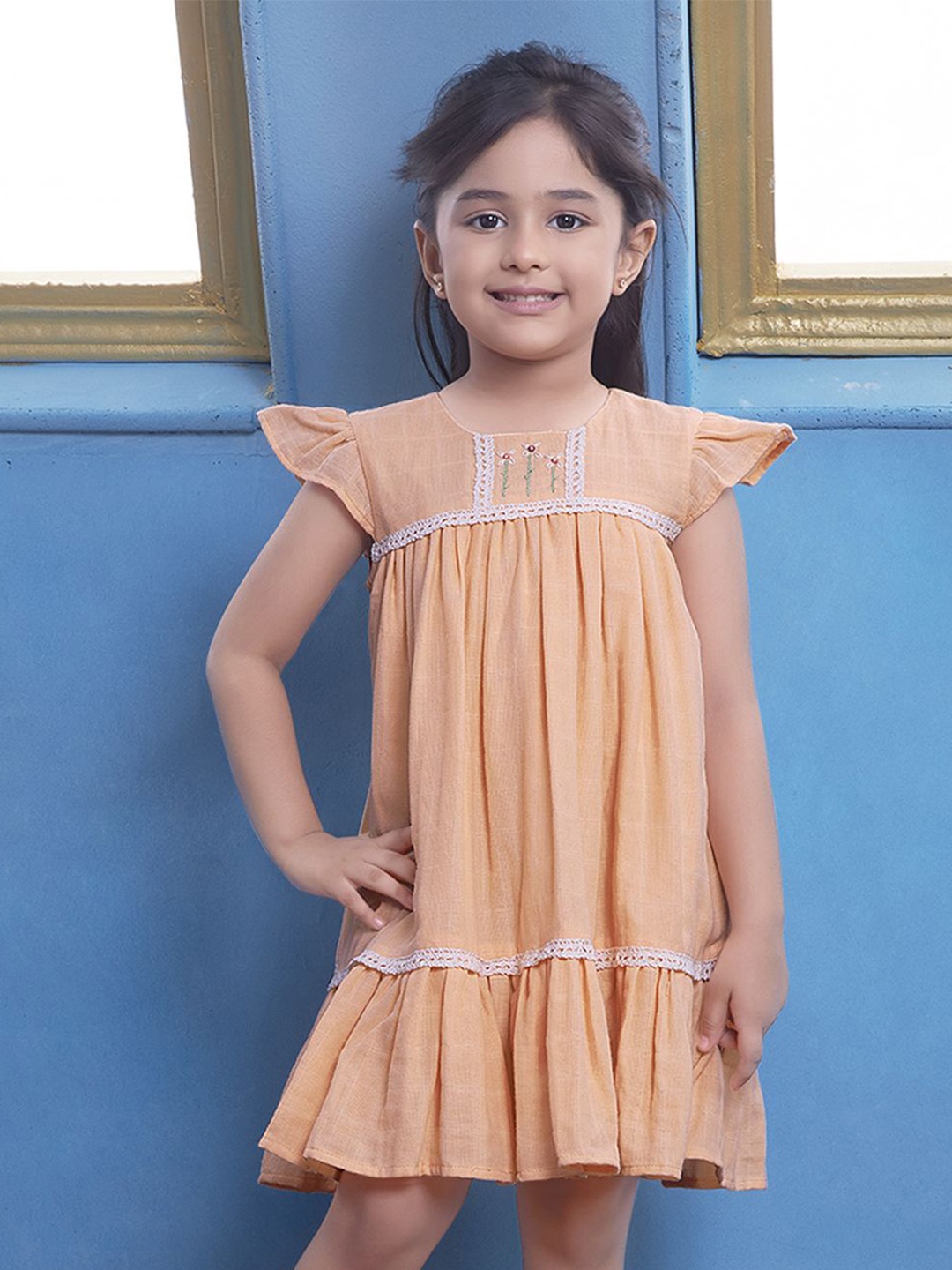 

Soleilclo Girls Embroidered Round Neck Flutter Sleeve Cotton A-Line Dress, Peach