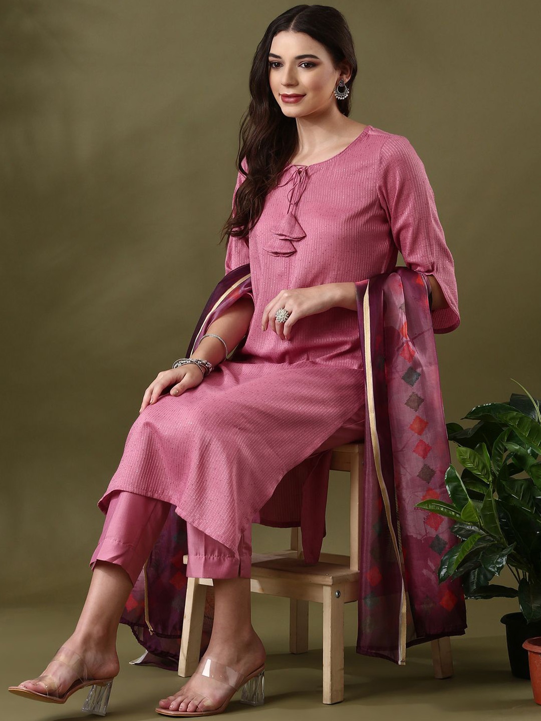 

Anouk Pink Striped Embroidered Tie-Up Neck Straight Kurta With Trousers & Dupatta