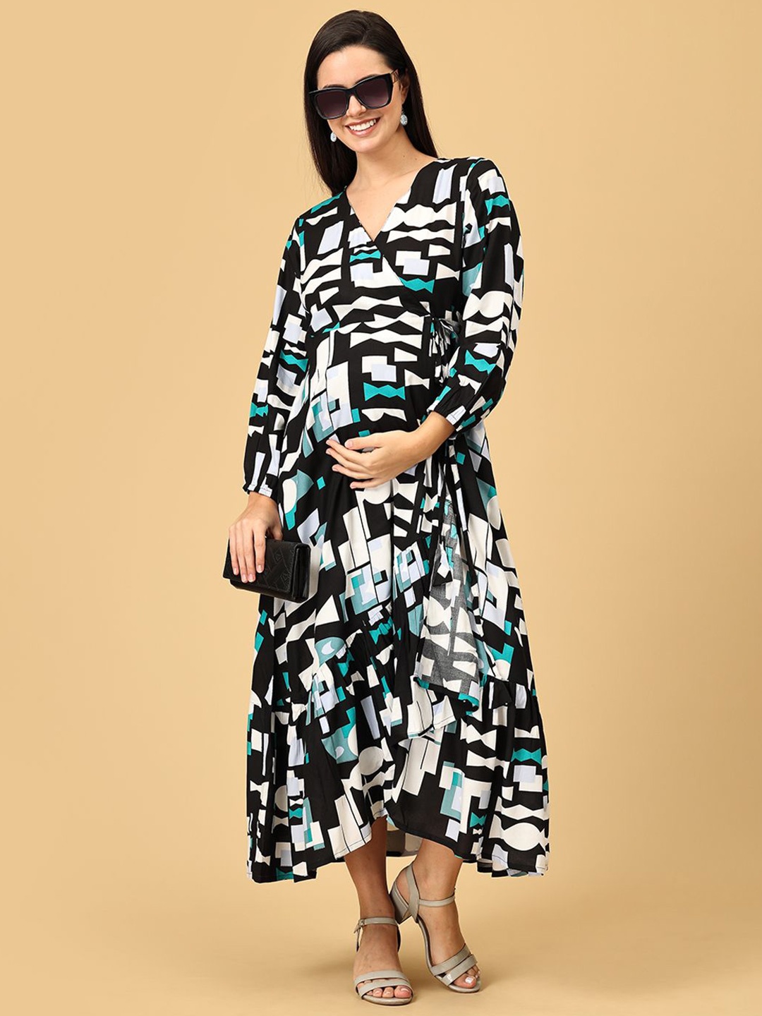 

The Mom Store Women Abstract Printed Maternity Wrap Dress, Black