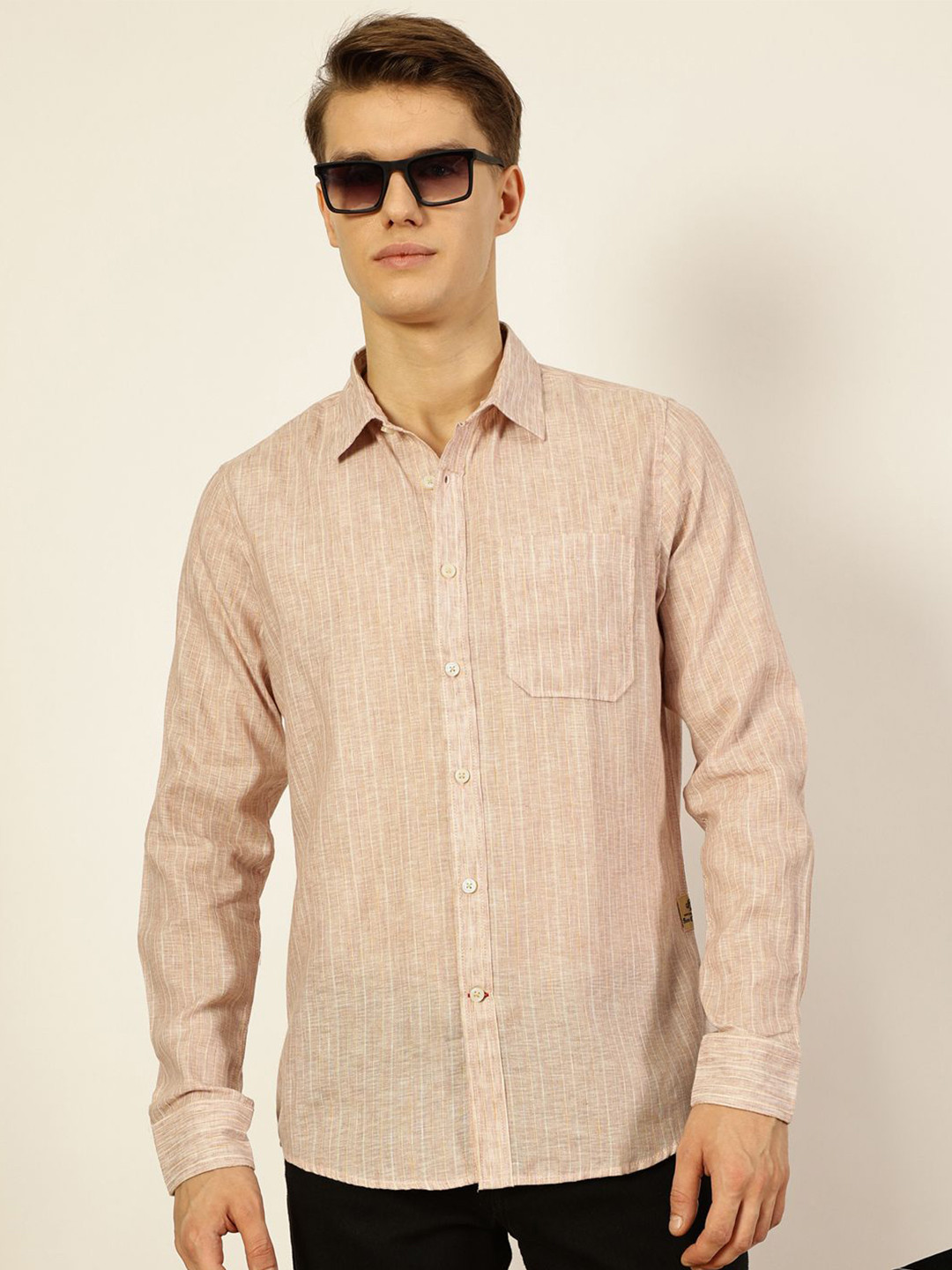 

Thomas Scott Men Premium Spread Collar Solid Linen Slim Fit Casual Shirt, Beige