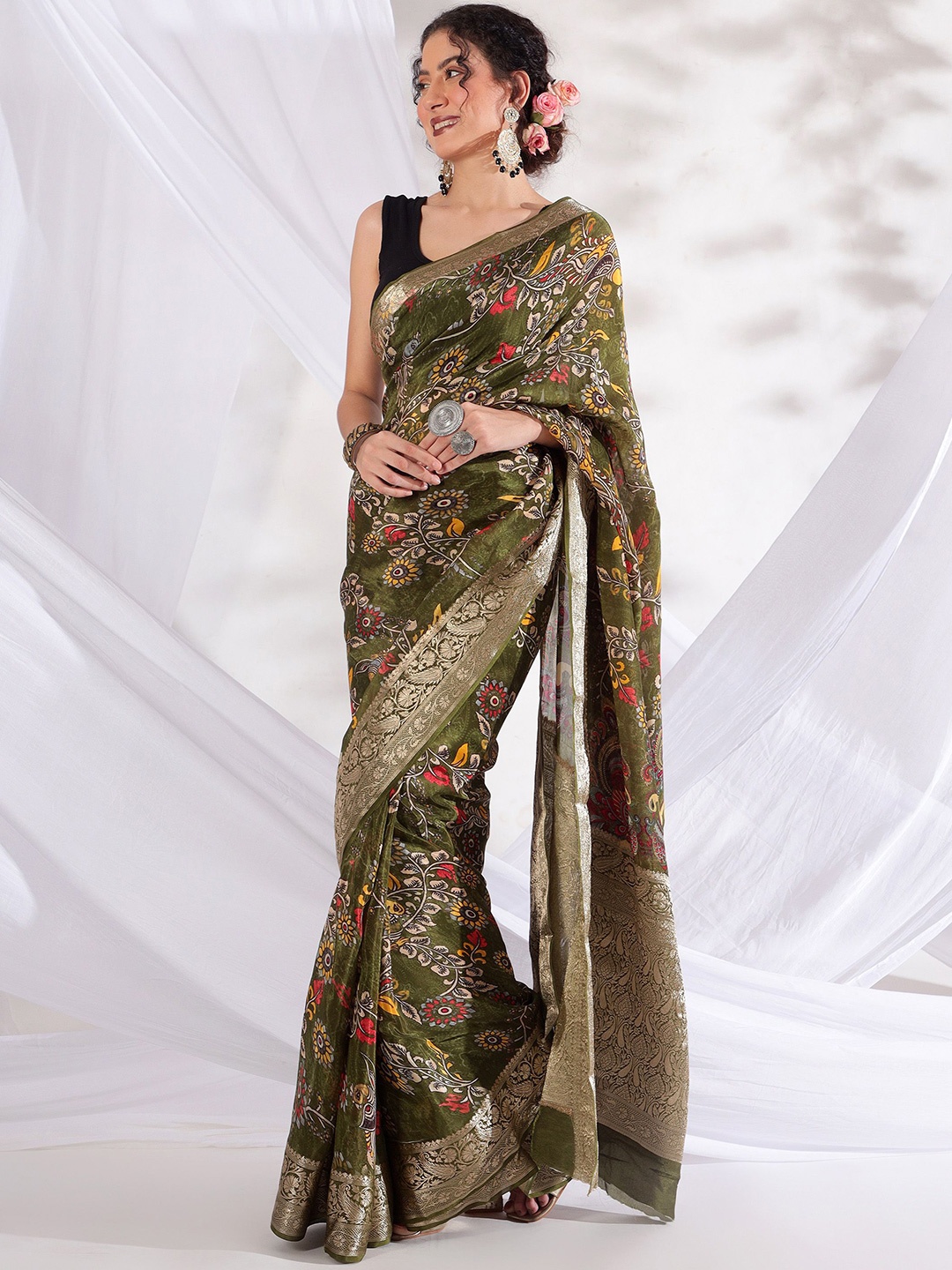 

REETI OF PRINTS Kalamkari Printed Zari Woven Design Pure Chiffon Saree, Green