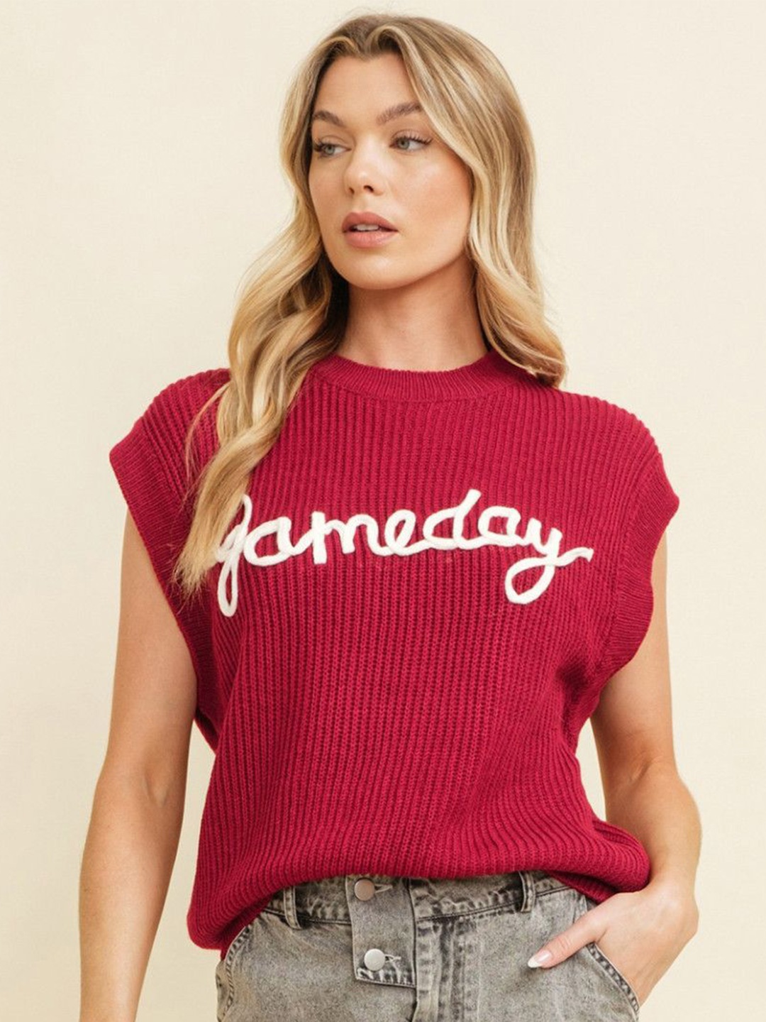 

StyleCast Women Round Neck Sleeveless Typography Printed Sweater Vest, Red