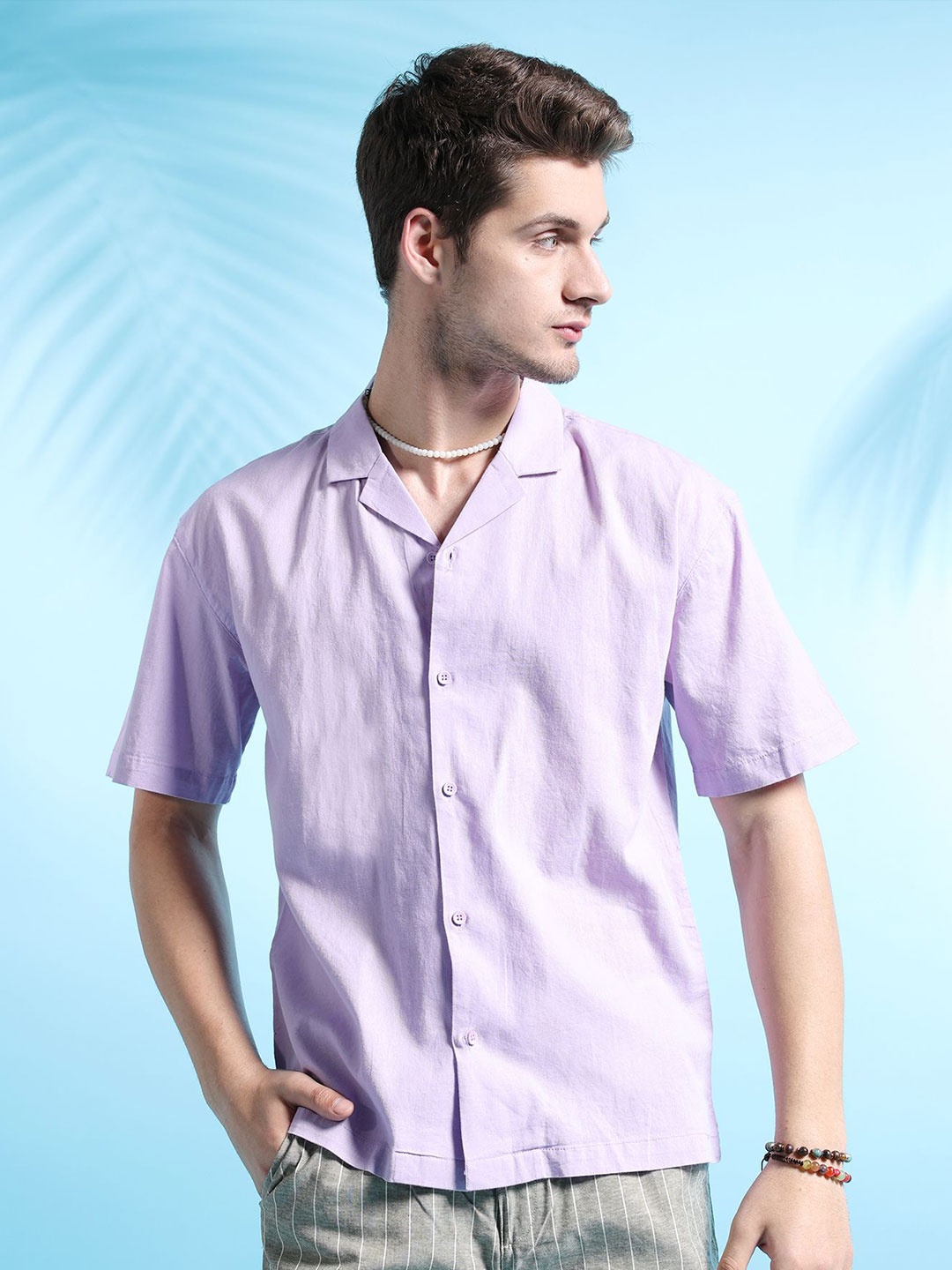 

The Indian Garage Co Men Cuban Collar Relaxed Fit Linen Resortwear Shirt, Purple
