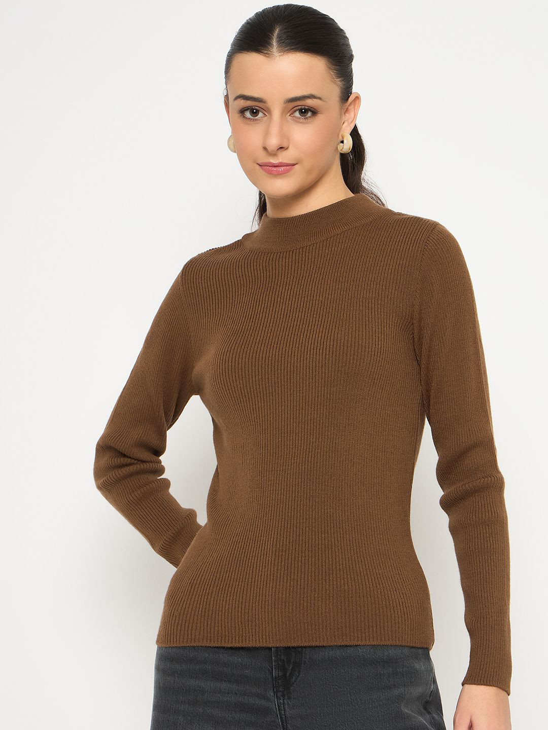 

Madame Women Mock Collar Pullover Sweaters, Brown