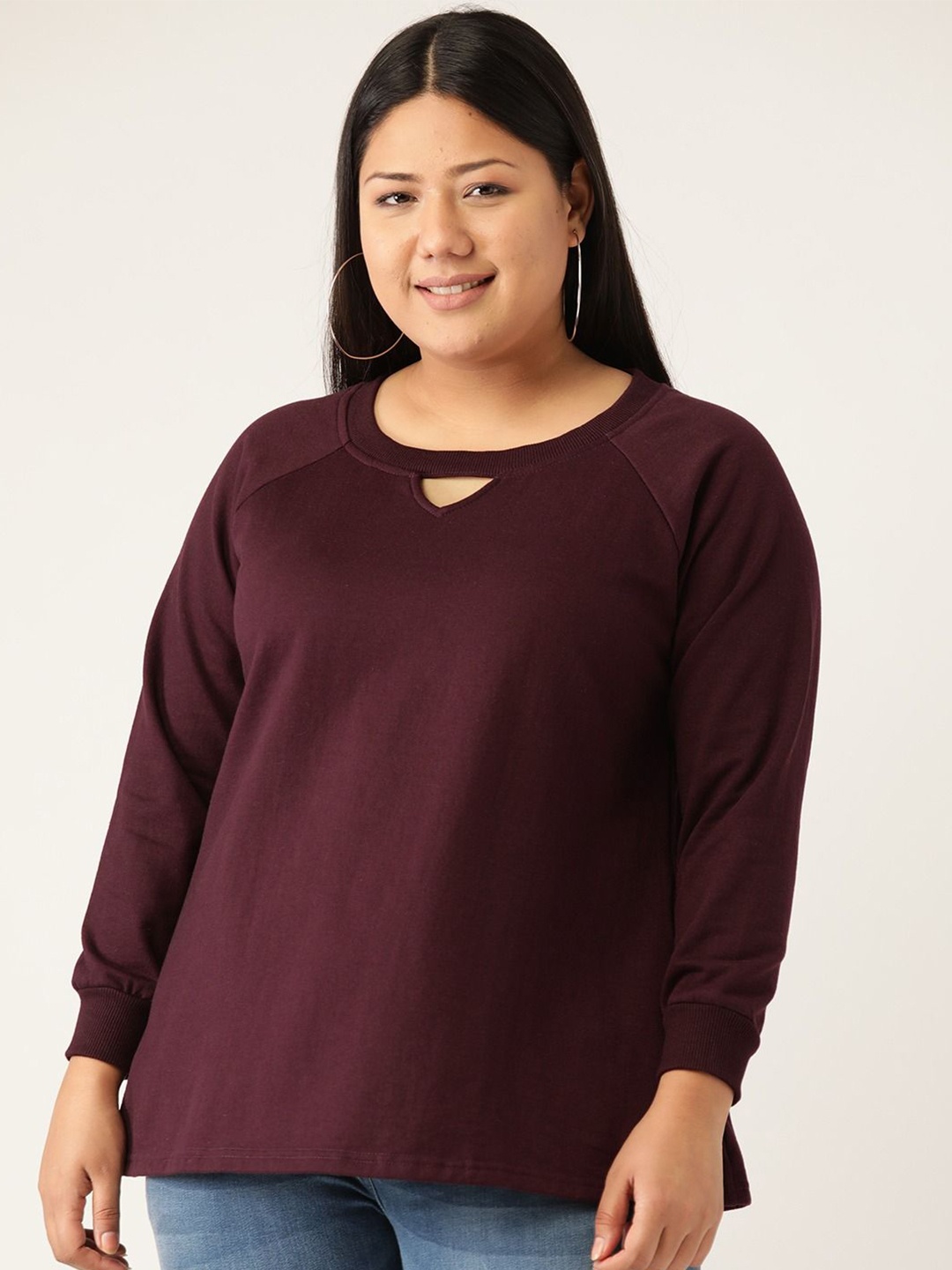 

theRebelinme Women Plus Size Cotton Solid Round Neck Sweatshirt, Burgundy