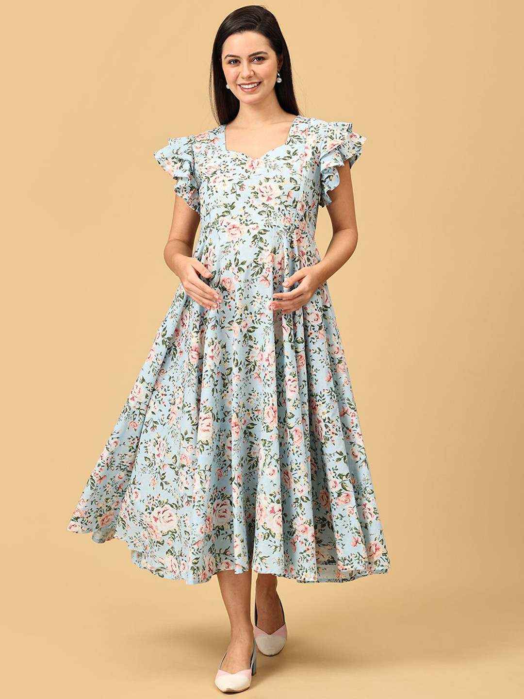 

The Mom Store Women Cotton Floral Printed Flutter Sleeve Maternity Fit & Flare Midi Dress, Multi
