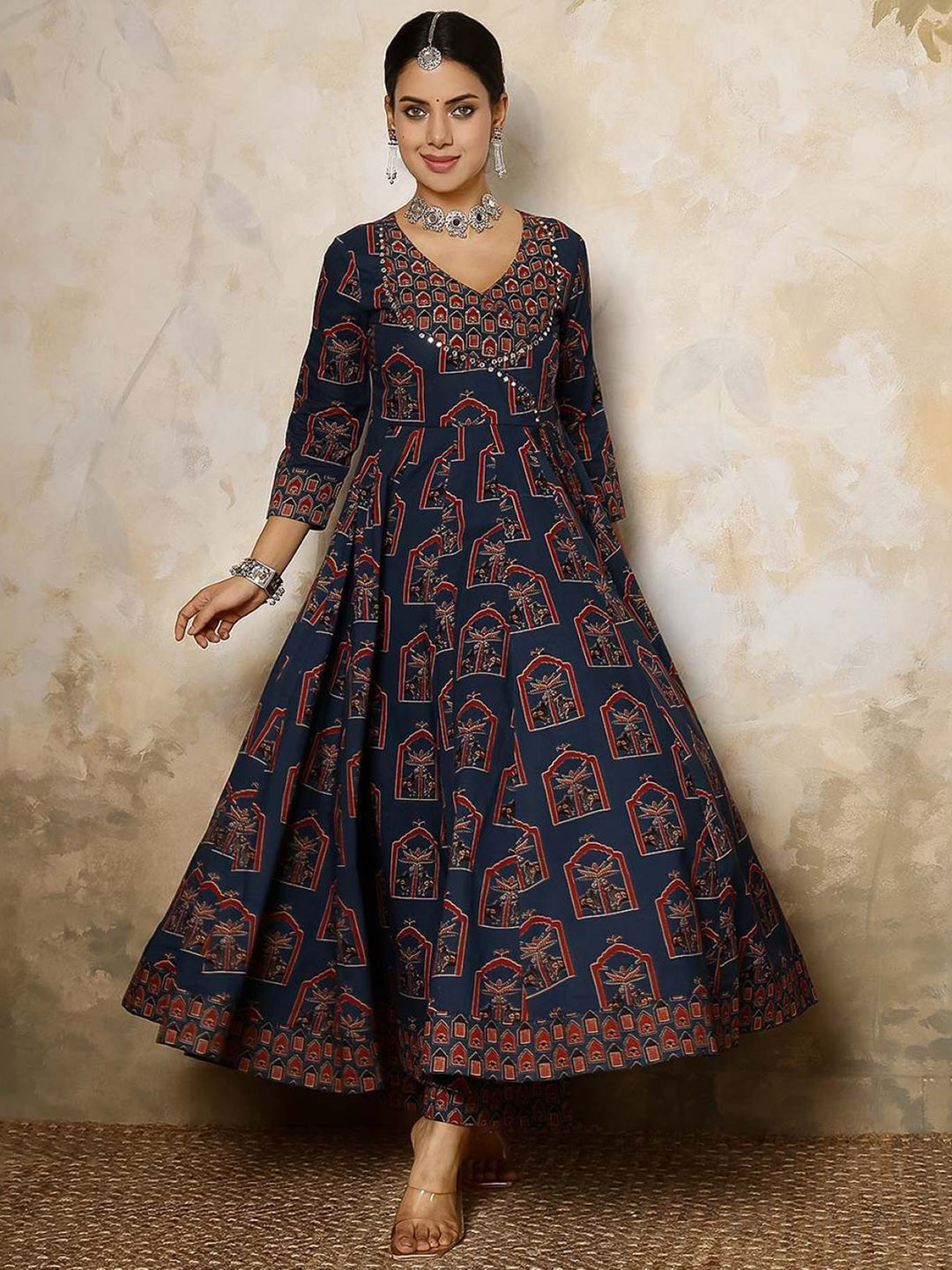 

PARTHVI Floral Printed Angrakha Thread Work Pure Cotton Kurta with Trouser & Dupatta, Blue