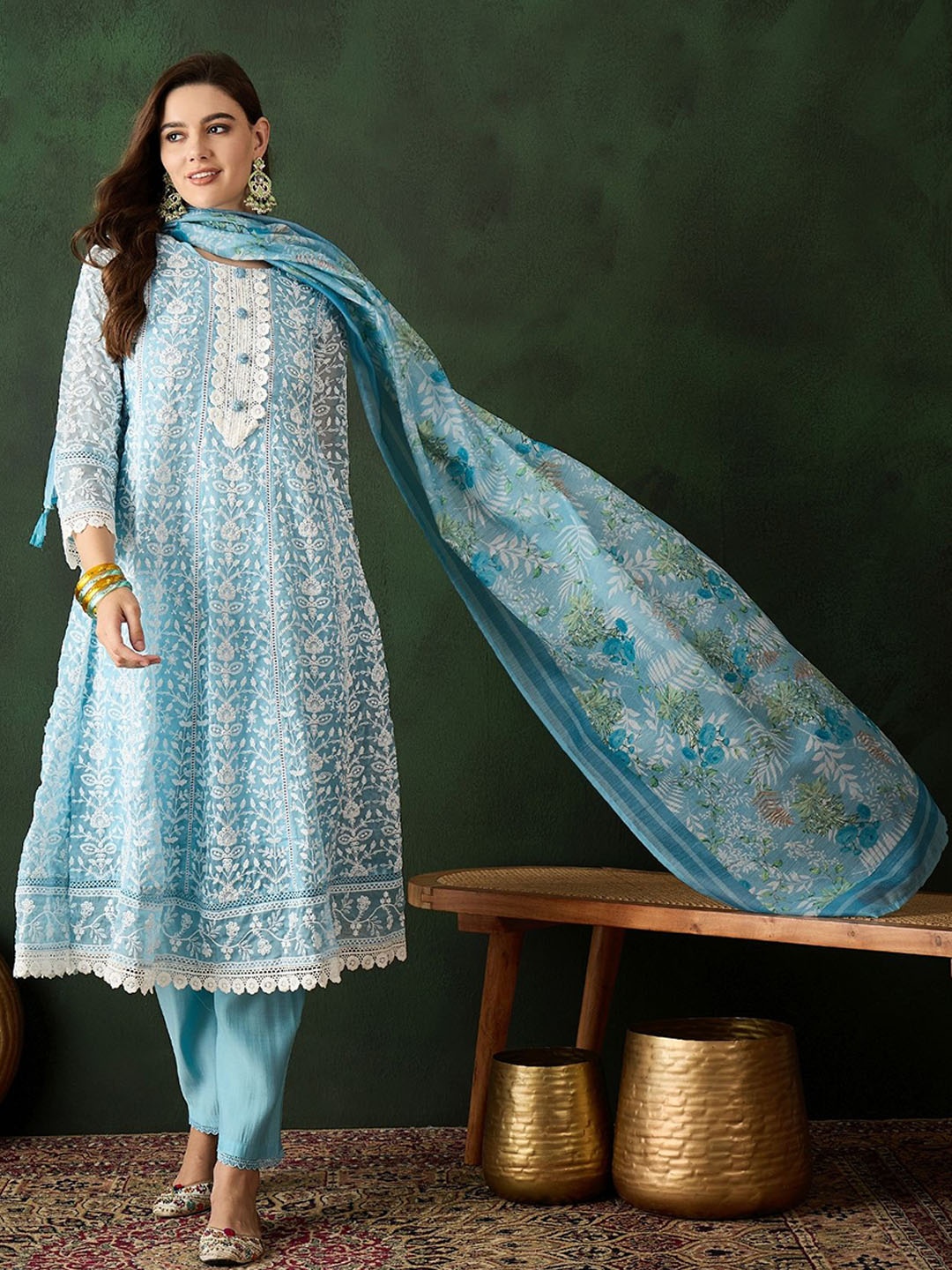 

Sangria Blue Floral Embroidered Thread Work Anarkali Organza Kurta With Trousers Dupatta